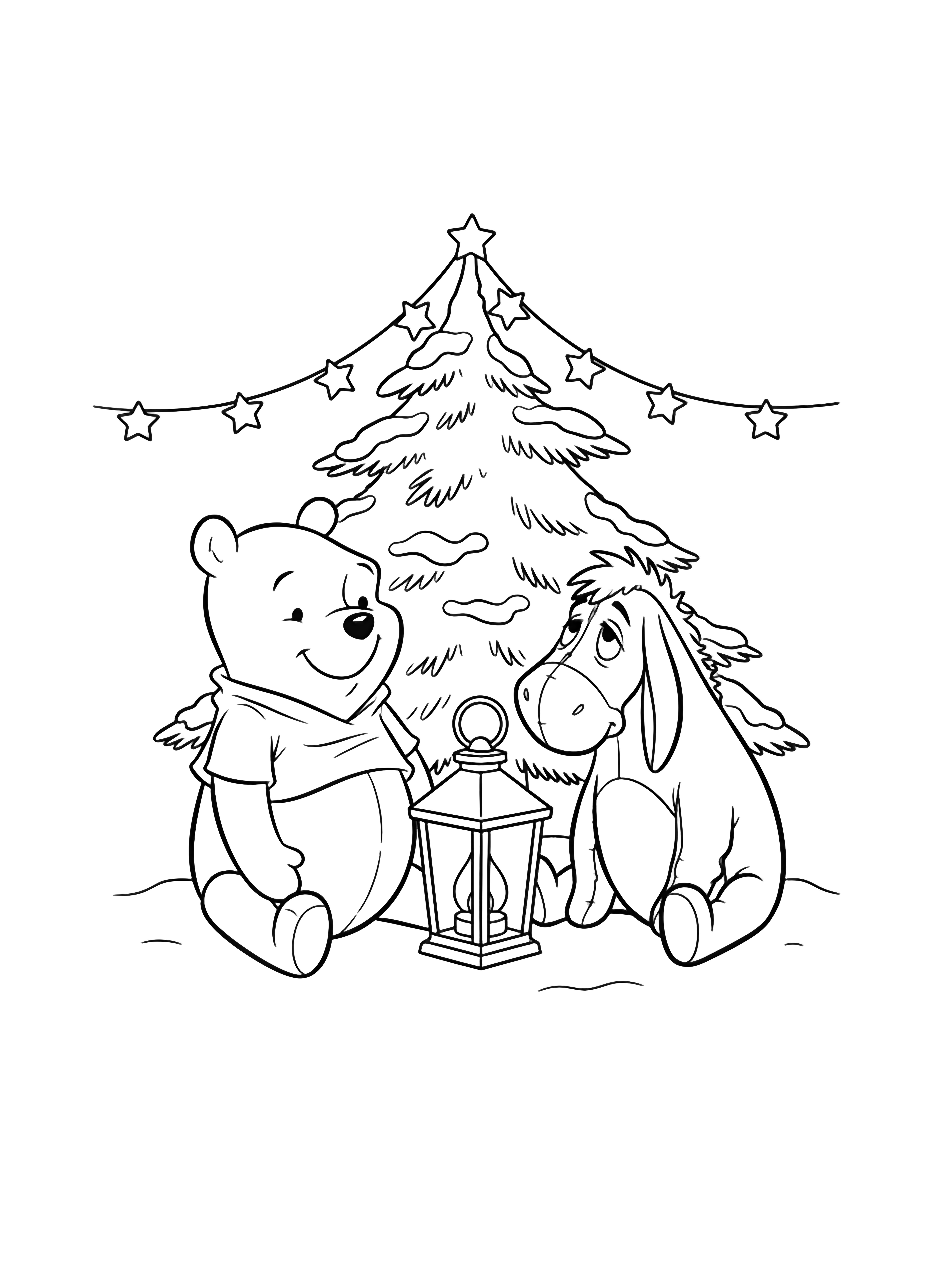 illustration on a Eeyore and Pooh sit side by side beneath a snow dusted pine; a large simple lantern stands between them and a loose string of star shaped lights arcs gently overhead all in clean black outlines on white clean black kleurplaat