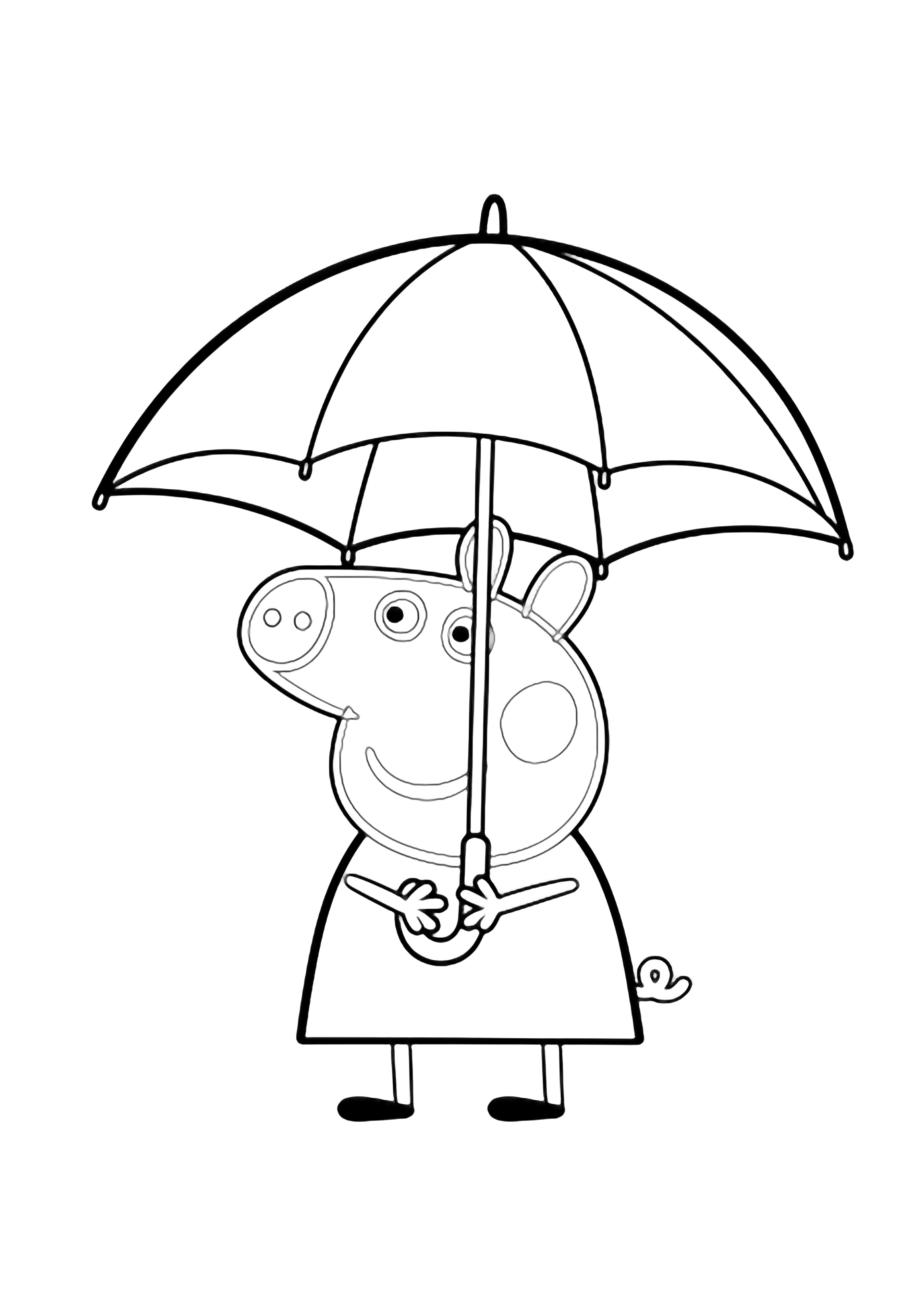 Peppa Pig stands smiling, holding an open umbrella with both hands. kleurplaat