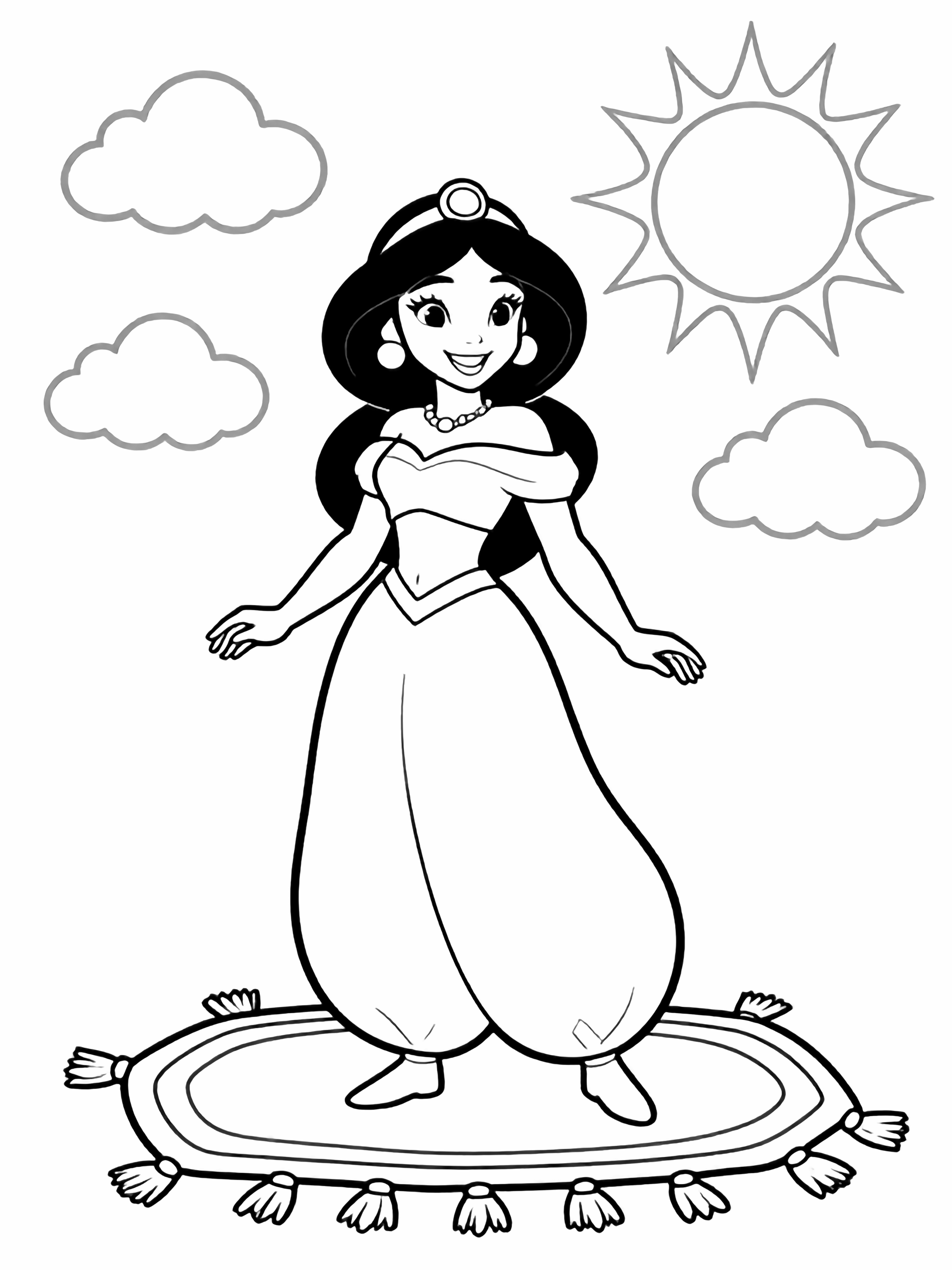 Princess Jasmine smiling atop a rectangle magic carpet, three puffy clouds, large sun top right. kleurplaat