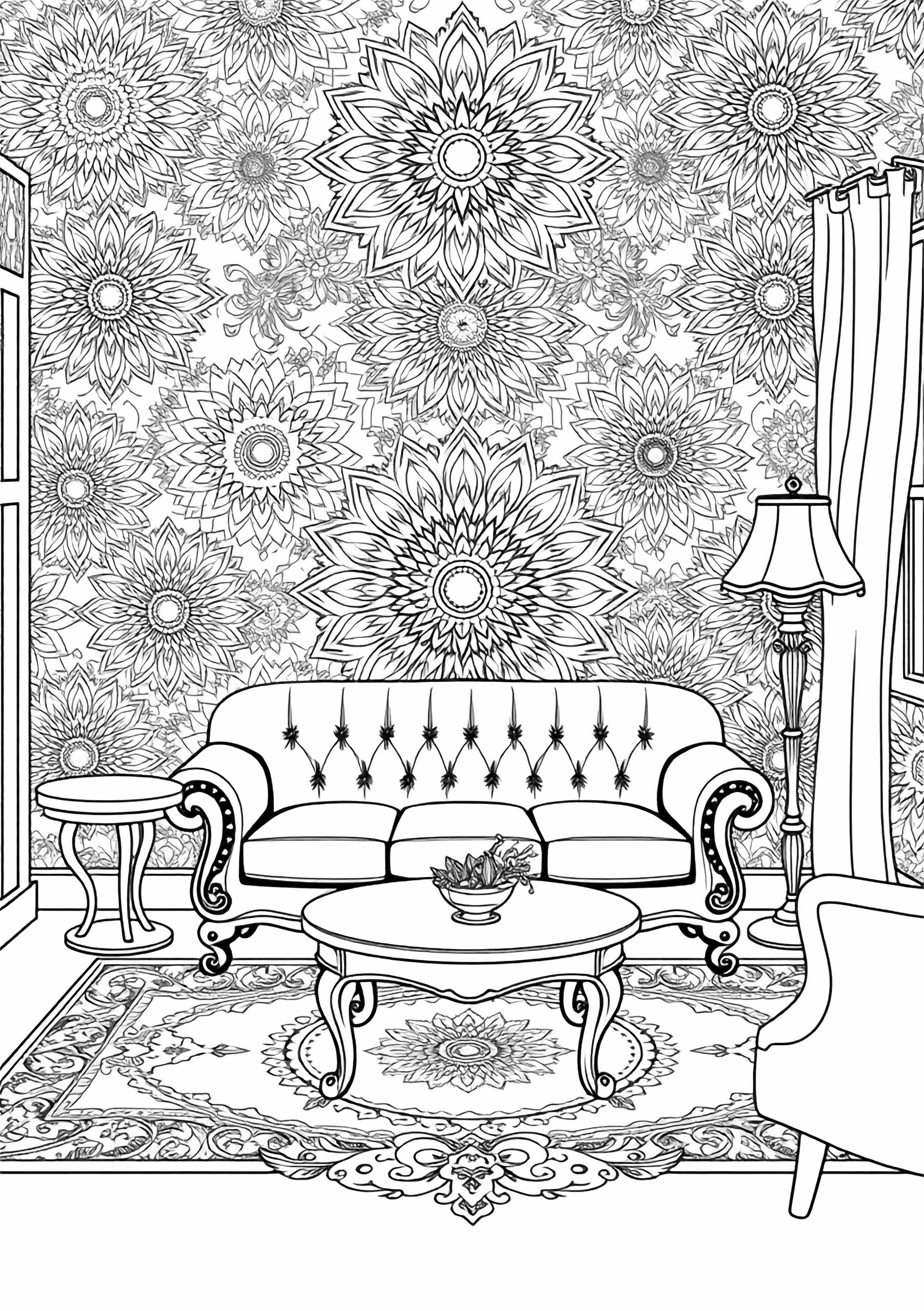 A black and white page of a cozy vintage living room The room features ornate mandala patterns covering the walls creating an intricate backdrop A classic tufted sofa sits in the center with carved wooden legs accompanied by a round coffee table with curved legs An antique floor lamp with a decorated shade stands in the clean black and white line drawing minimal shading no colour no fill kleurplaat
