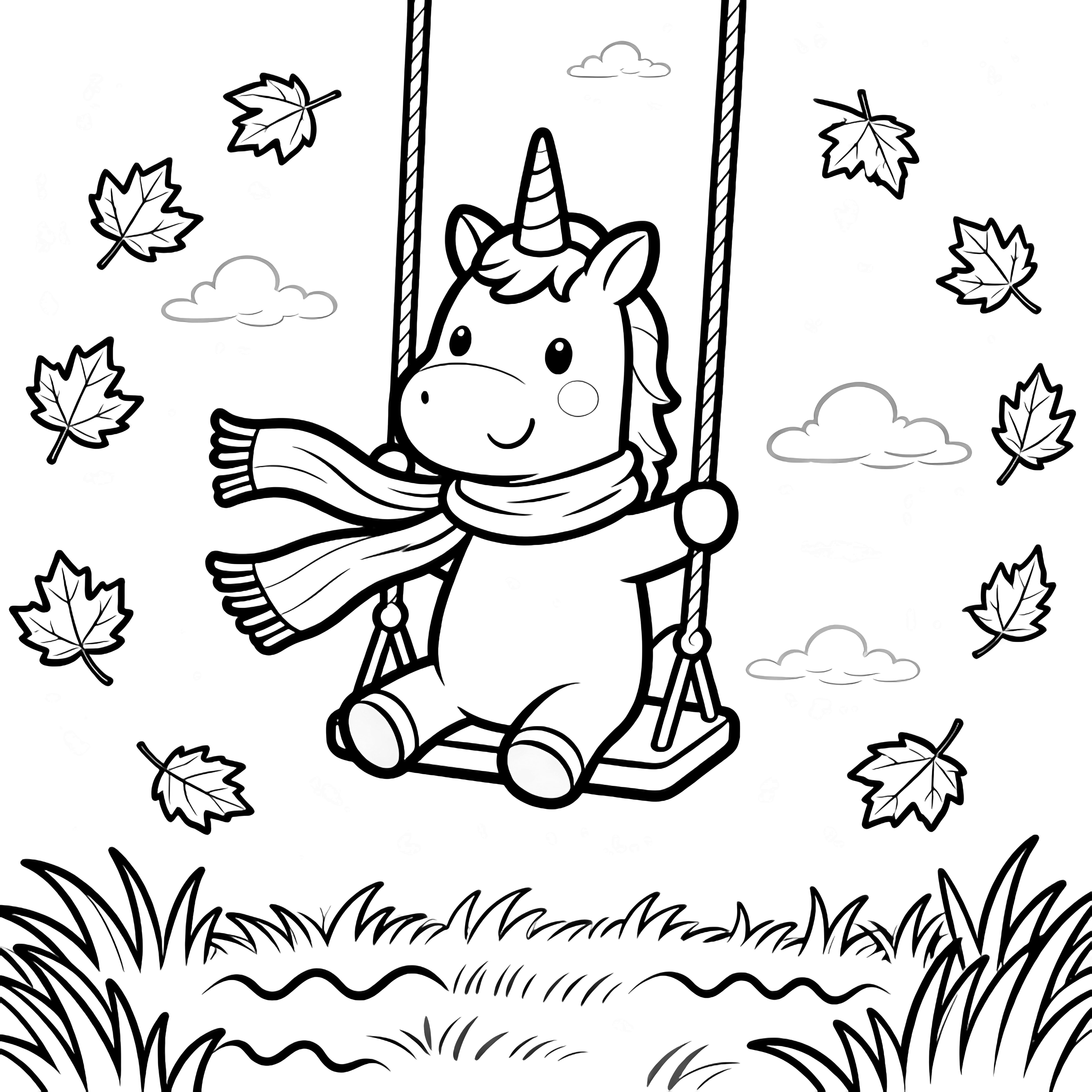 A smiling unicorn on a playground swing, scarf fluttering, maple leaves swirling, wavy grass and drifting clouds behind. kleurplaat