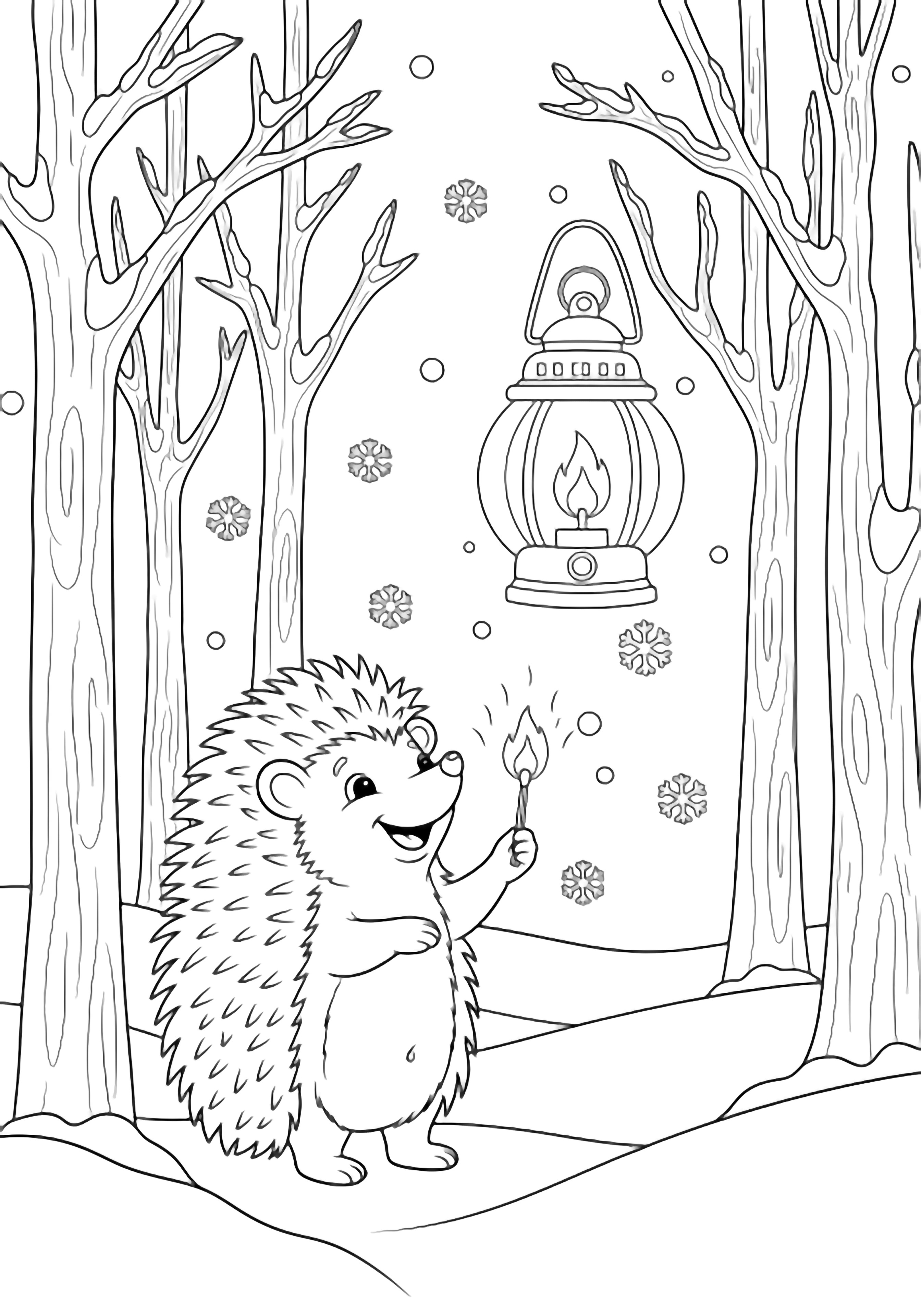 A cheerful hedgehog on hind legs lights a lantern amid drifting snowflakes in a bare winter forest. kleurplaat