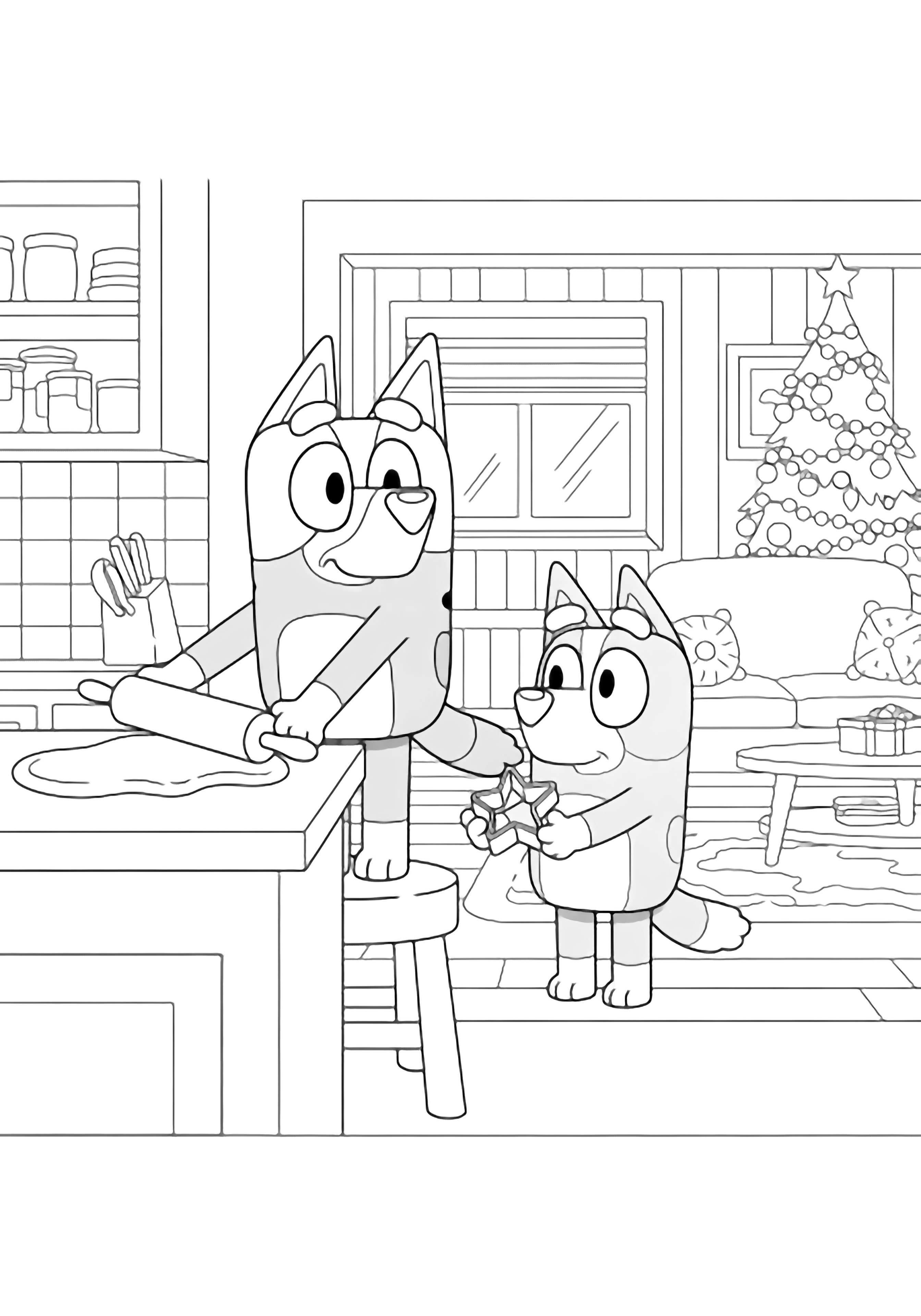 Bluey stands on a stool rolling dough on the kitchen counter; Bingo holds a star cookie cutter. kleurplaat