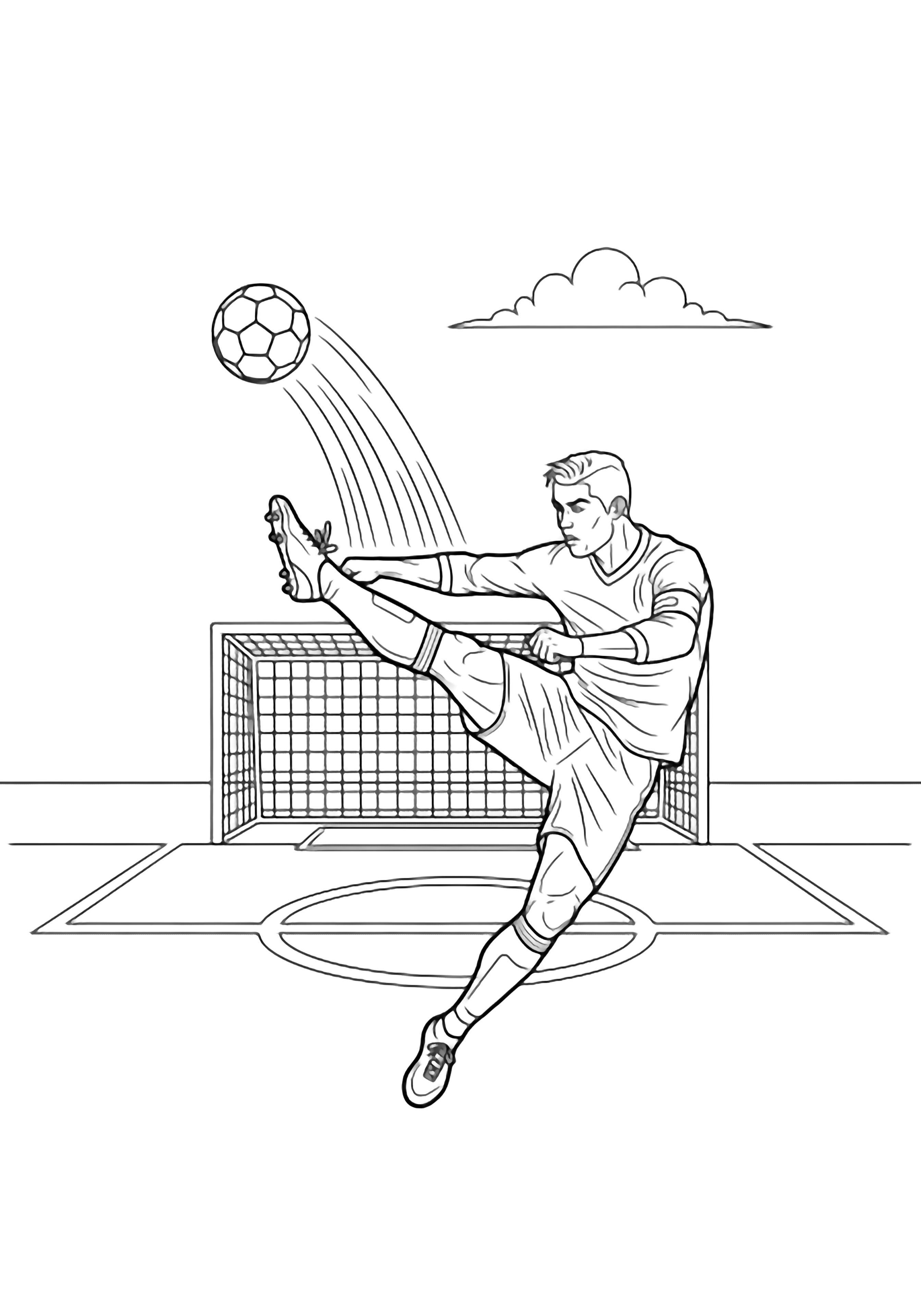 Ronaldo mid-kick, one leg high, ball arcing above goal net, simple field lines, one cloud kleurplaat