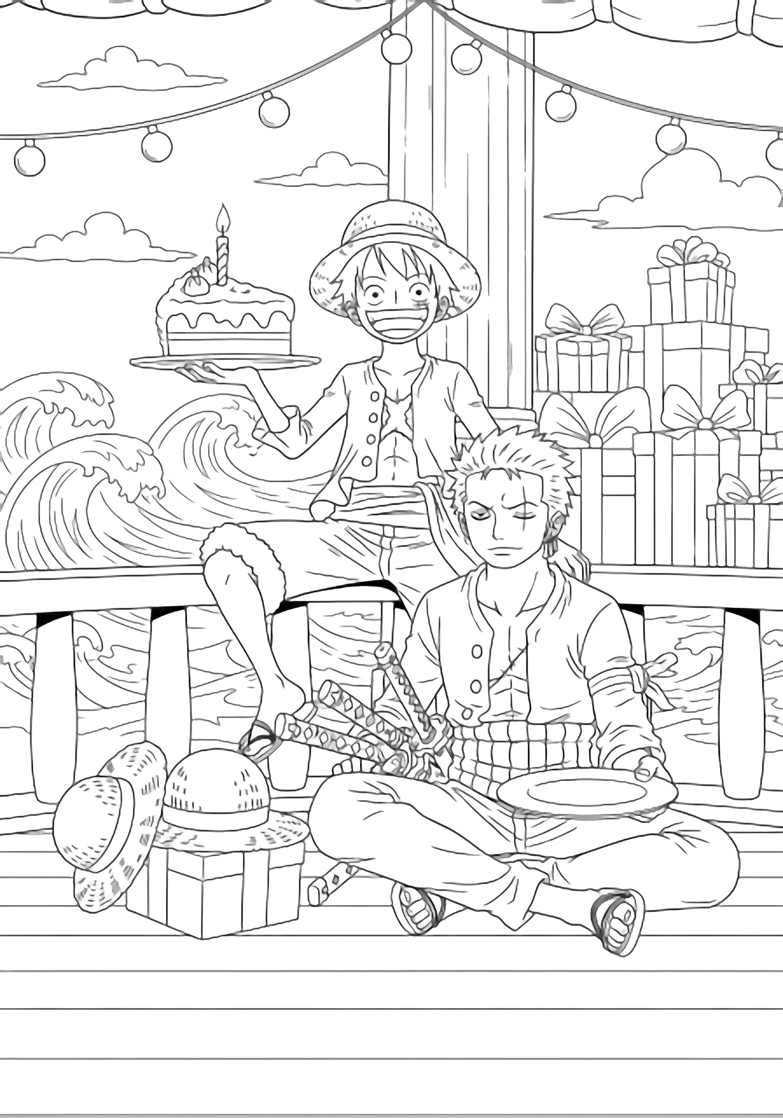 Luffy grins on the Sunny's railing with a huge cake slice; Zoro sits cross-legged beside him, plate ready, straw hat and swords stacked nearby, string lights, waves, and gift boxes. kleurplaat