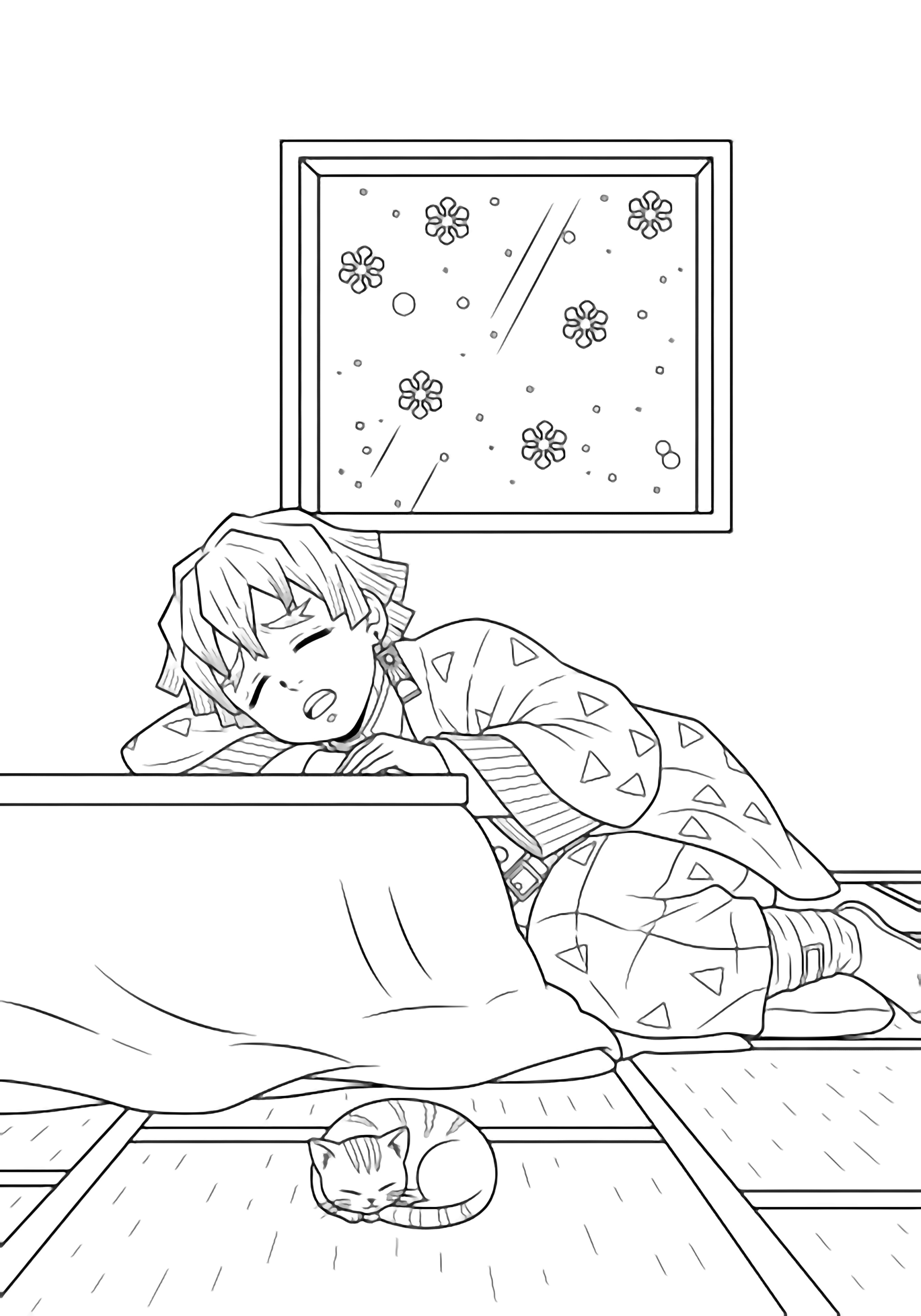 Zenitsu asleep beside a kotatsu, blanket slipping off, snowflakes outside the window, tatami floor, one drowsy cat curled at his feet. kleurplaat