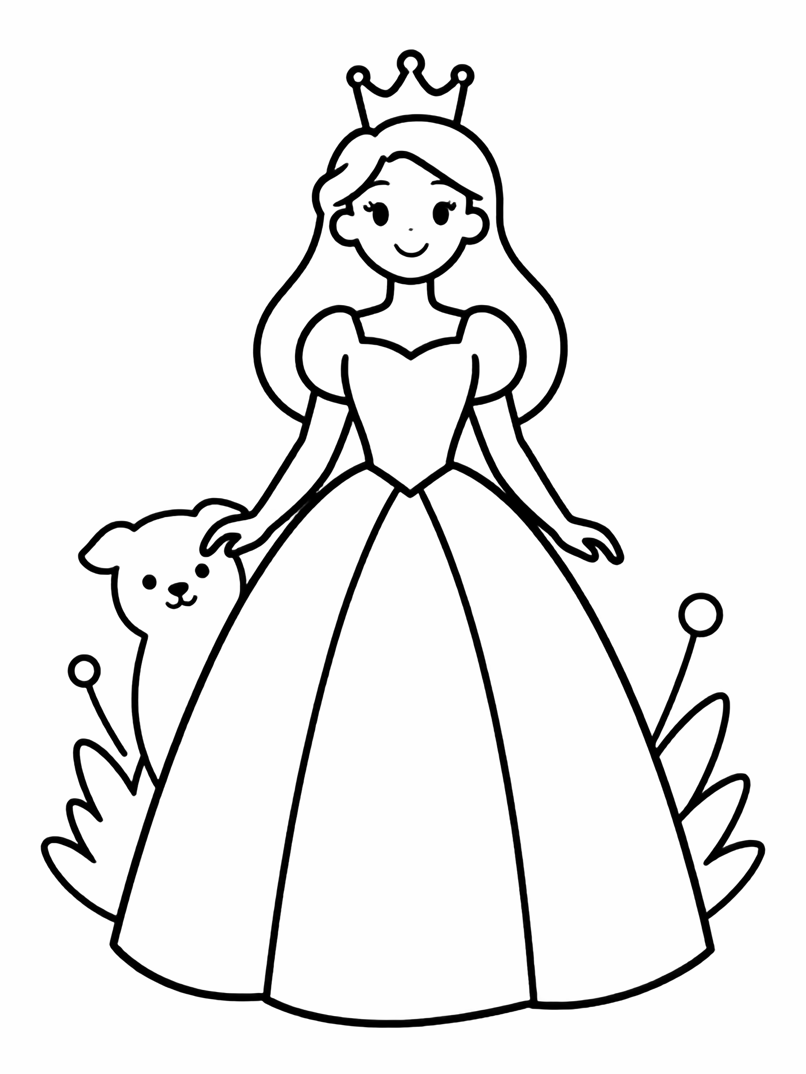 Smiling princess with crown, flowing gown, friendly animal companion, minimal garden. kleurplaat