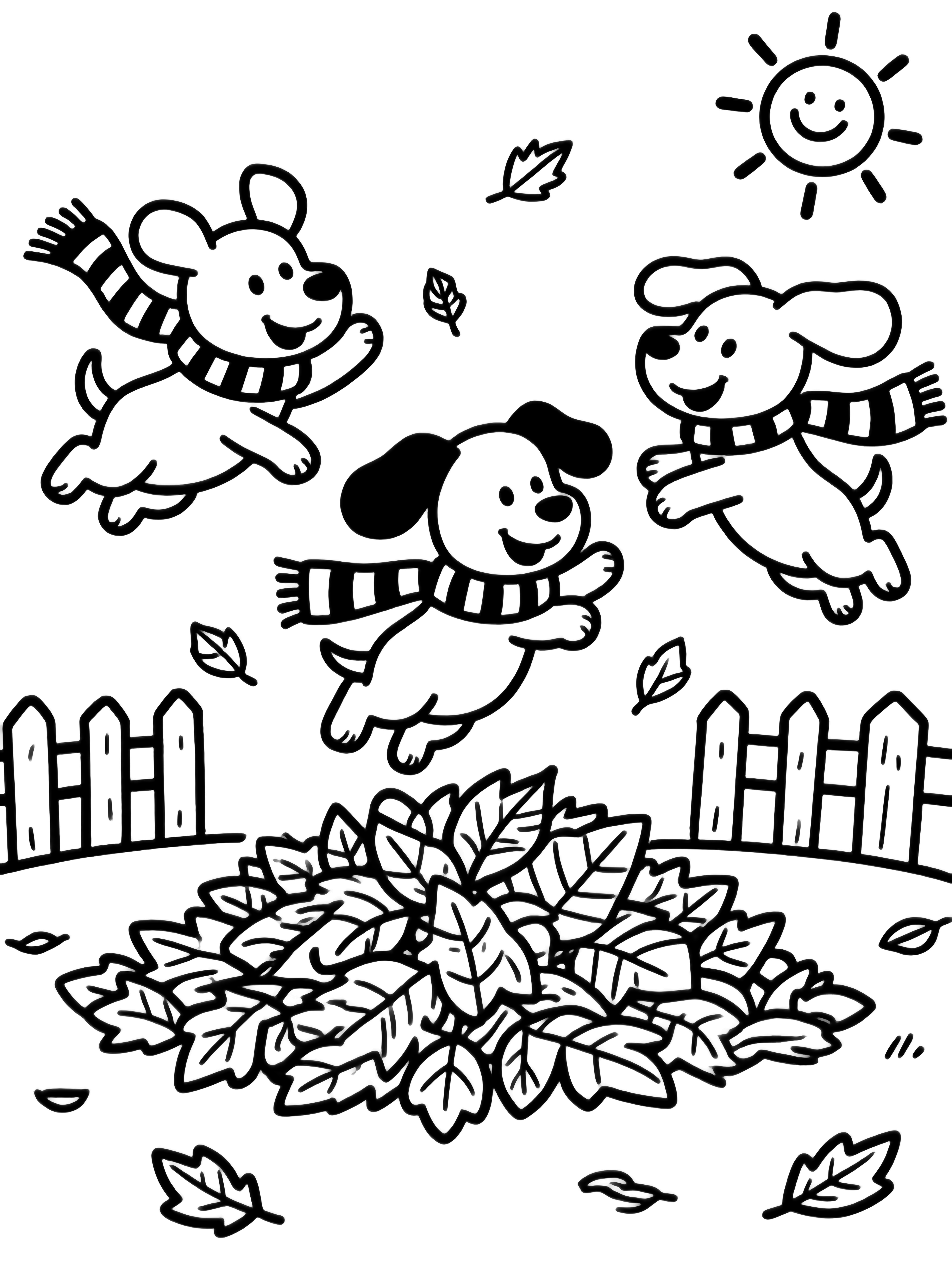 Three playful puppies leap above a pile of leaves, scarves fluttering, with a fence, scattered leaves, and a smiling sun behind them. kleurplaat