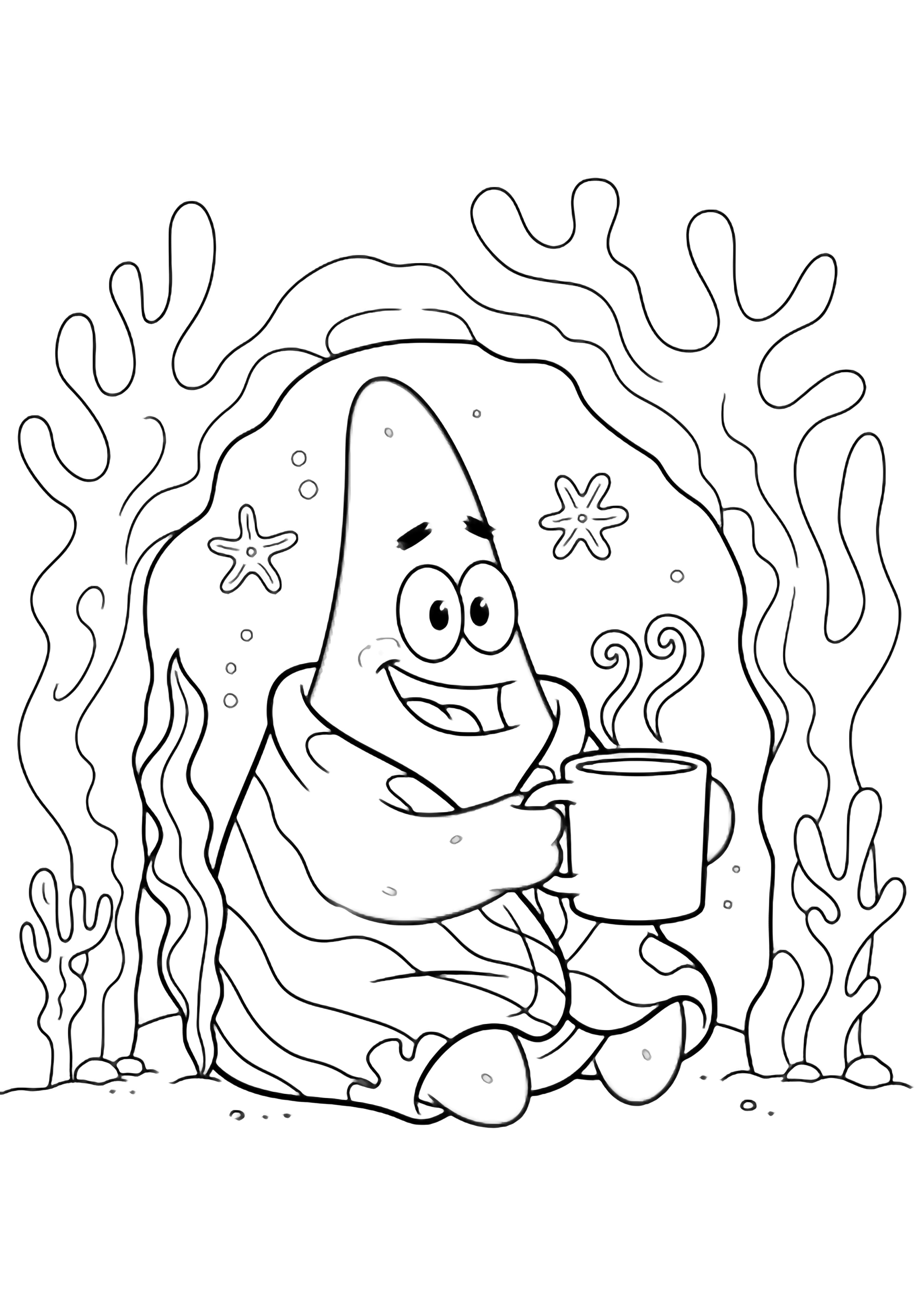 Patrick Star sits cross-legged in a wavy coral cave, wrapped in a striped seaweed blanket, holding a steaming mug and smiling; star shapes dot the walls. kleurplaat