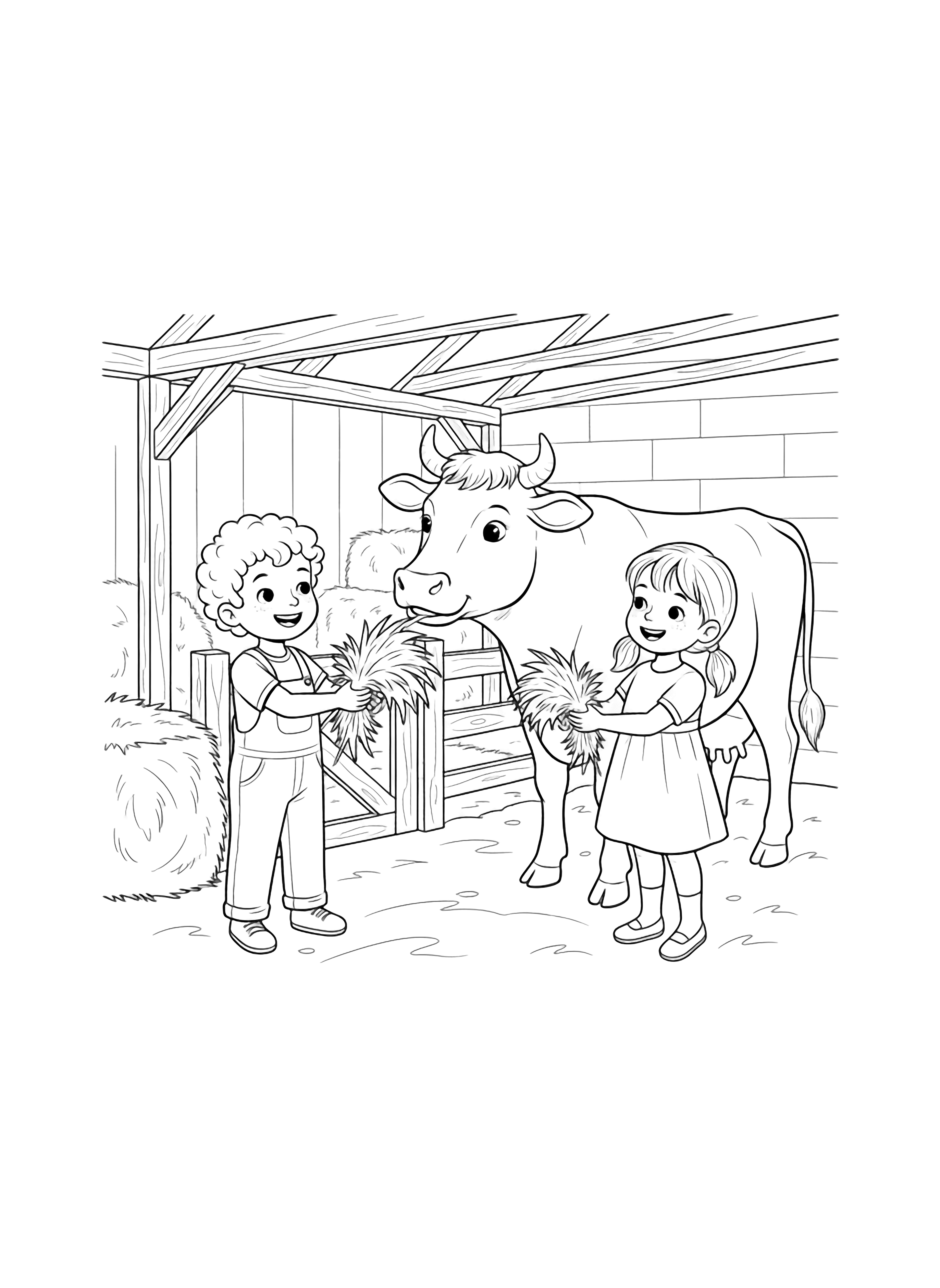 A black and white page showing two happy 4 year old children feeding a gentle cow inside a cozy barn One child has curly hair and wears overalls while the other has straight hair in pigtails and wears a simple dress They are both smiling as they hold out hay to the friendly cow The barn clean black and white line drawing minimal shading no colour no fill kleurplaat