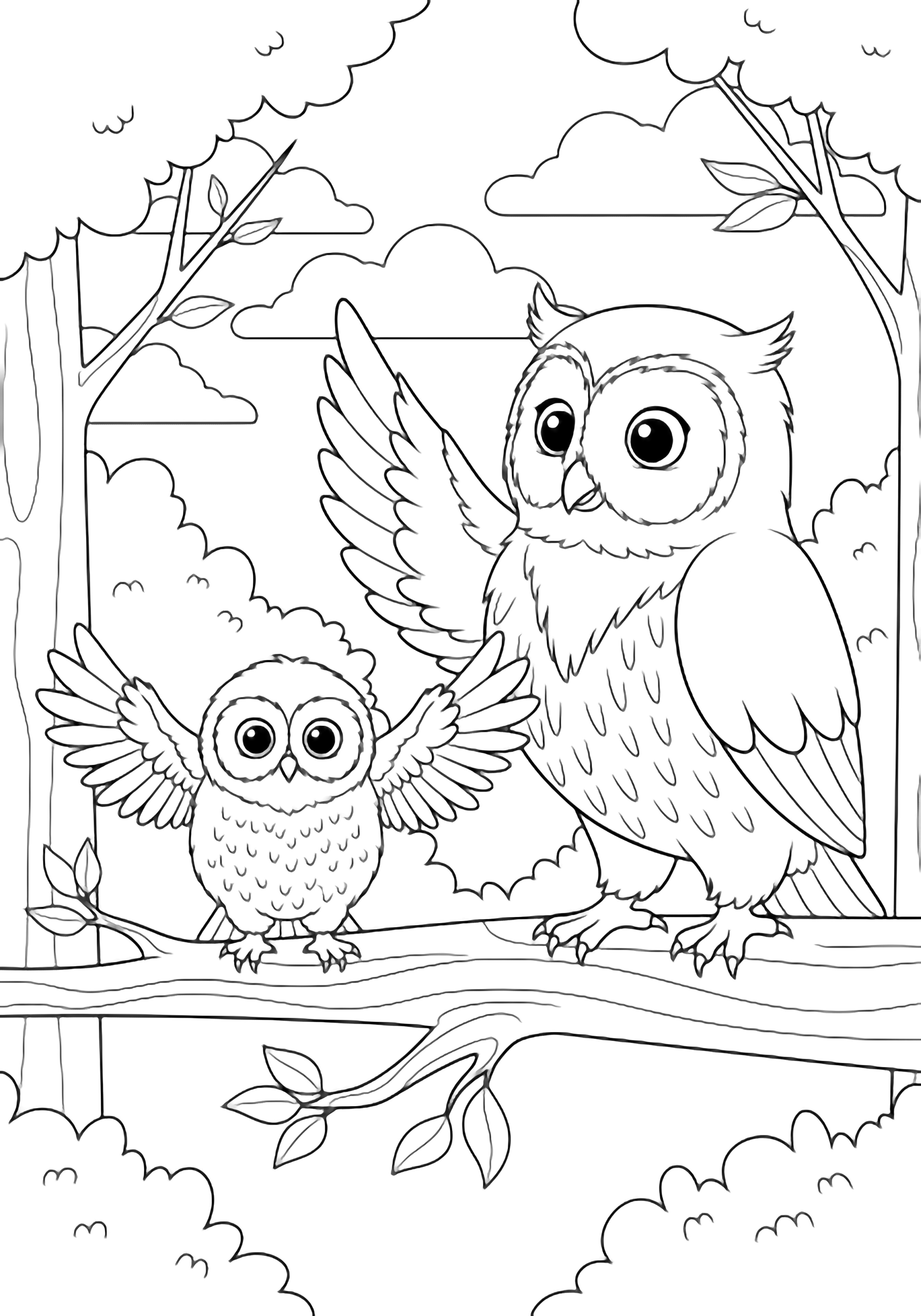 A plump baby owl flaps on a branch while a tall parent owl stands beside it, raising a wing encouragingly amid sparse leaves and clouds. kleurplaat