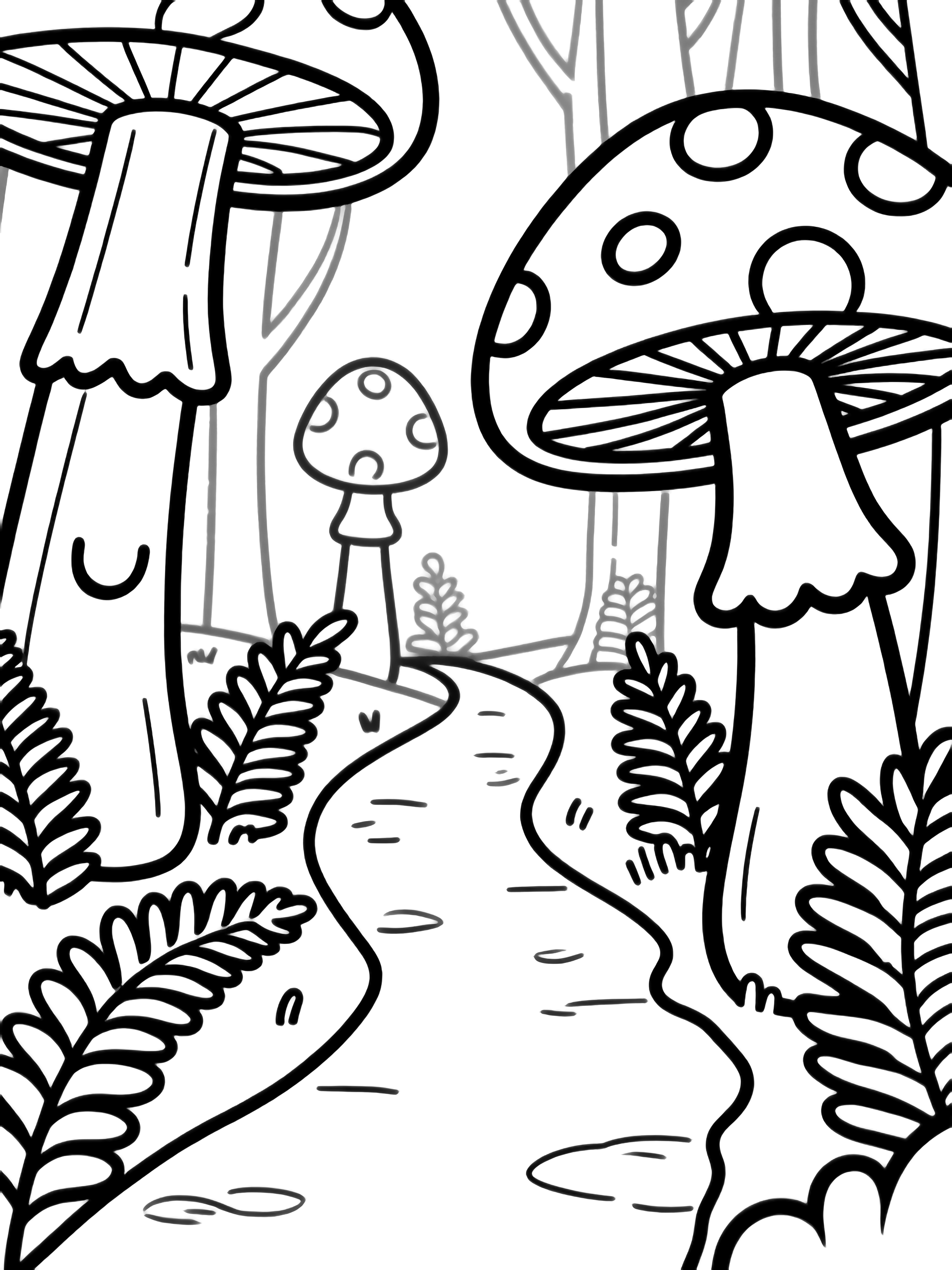 A winding forest path meanders between towering mushrooms with round caps and clusters of delicate fern fronds. kleurplaat