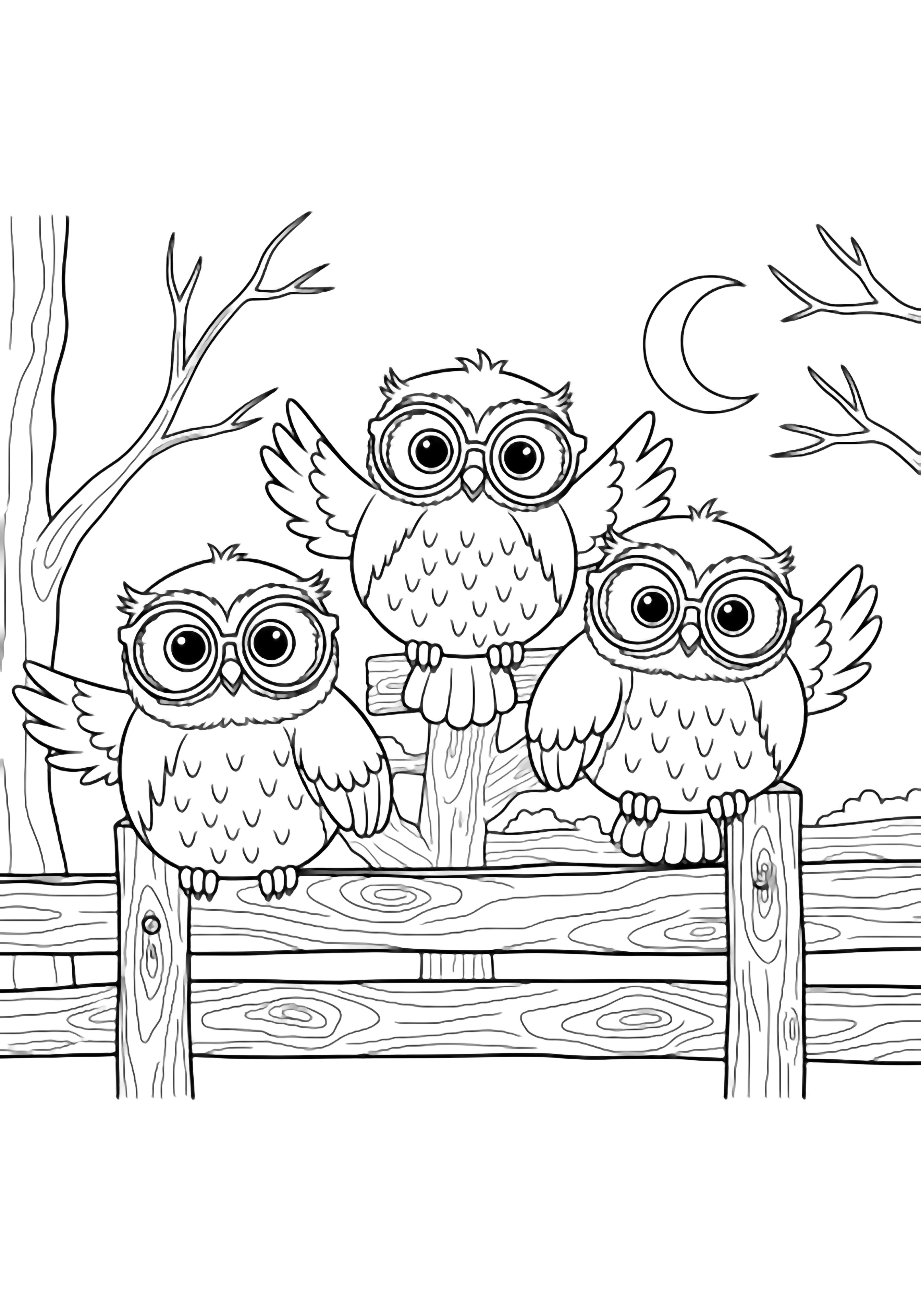 Three bespectacled round owls greet from a wooden fence, flanked by bare twigs and a crescent moon. kleurplaat