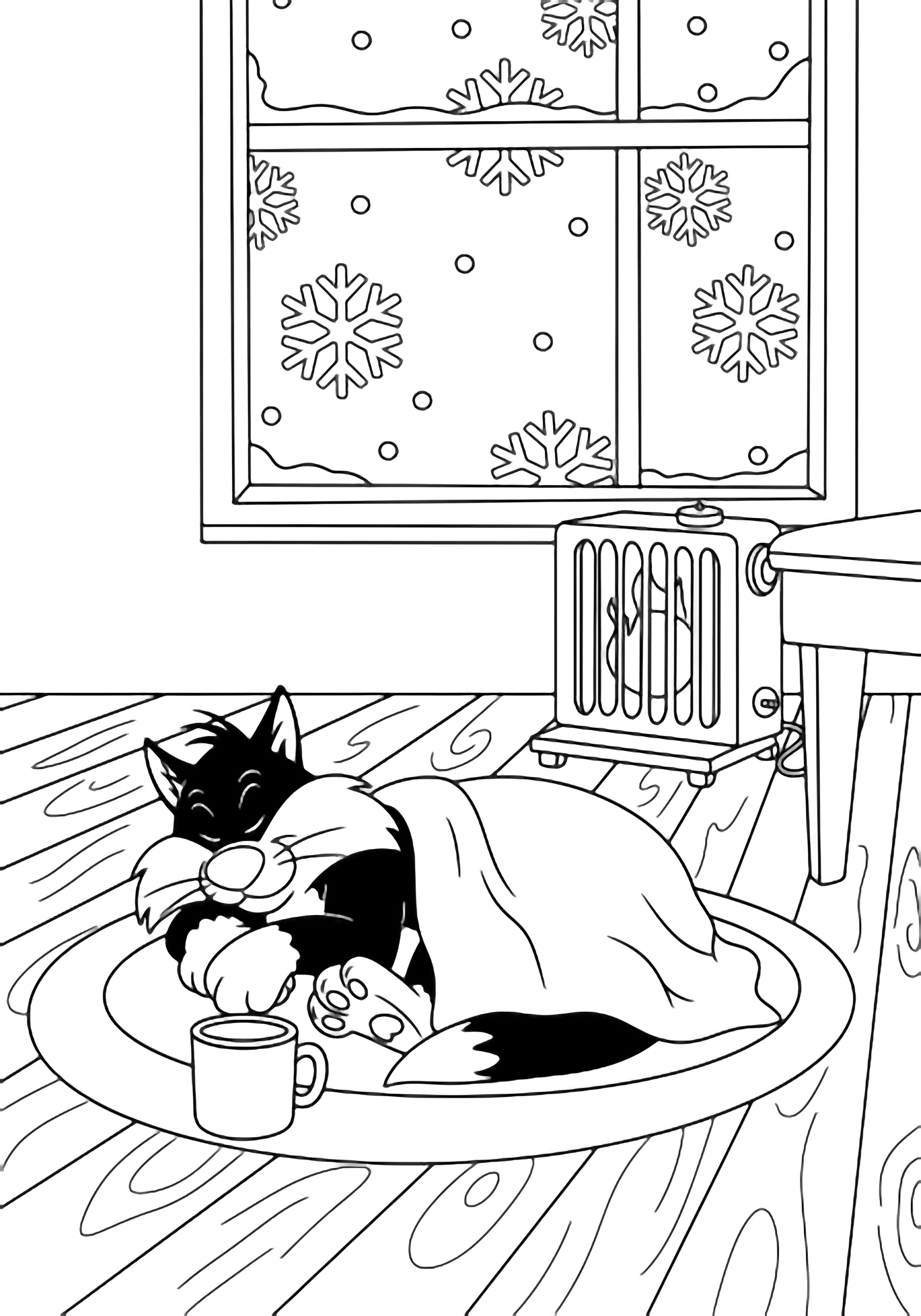 Sylvester the cat naps curled on a small rug, paws tucked, mug nearby; snowflakes drift past the window beside a tiny heater, bare floorboards and one table leg visible. kleurplaat