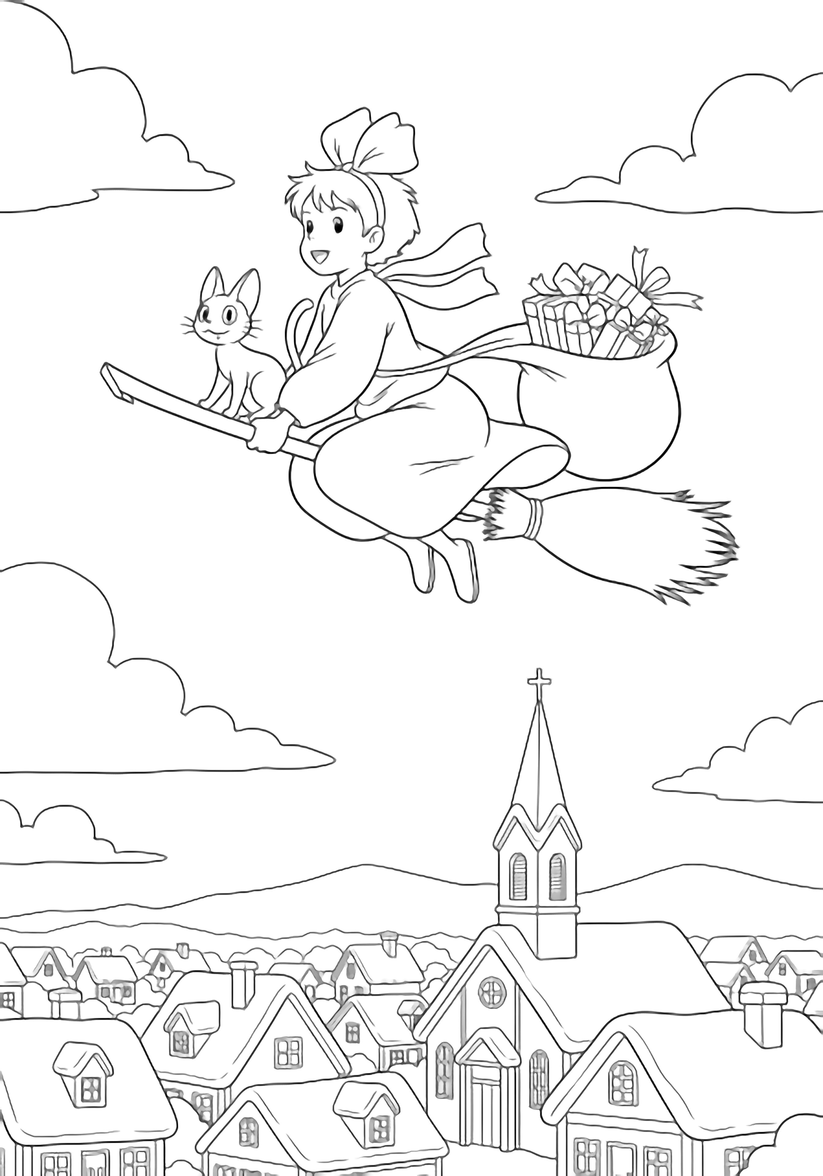 Kiki and Jiji fly above a snow-dusted village, her broom towing a sack of ribbon-tied gifts; tiny houses, a church steeple, and drifting clouds fill the sky. kleurplaat