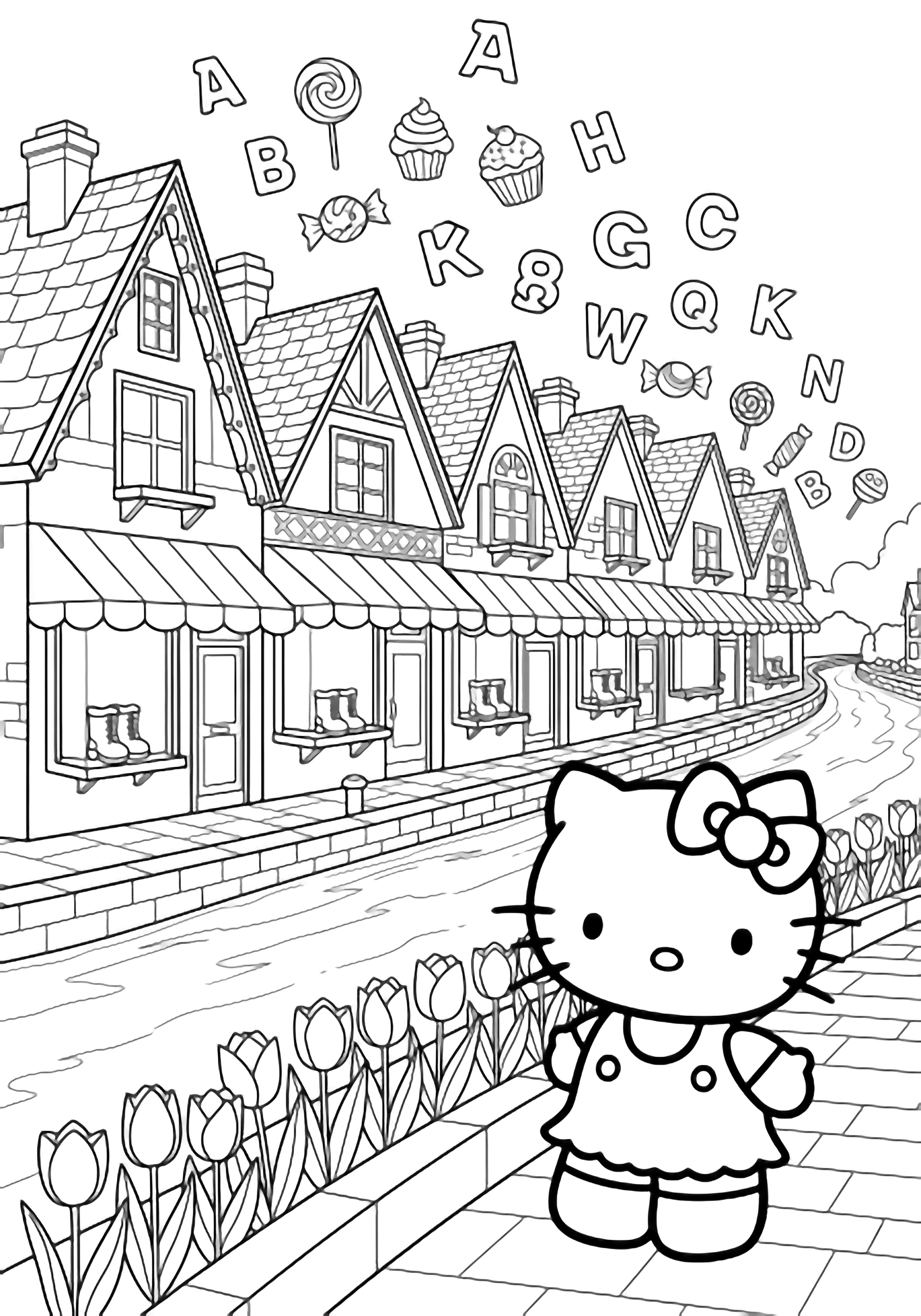 Hello Kitty walks beside a canal lined with gabled cottages, window-sill boots, floating sweets and letters, tulips along the path. kleurplaat
