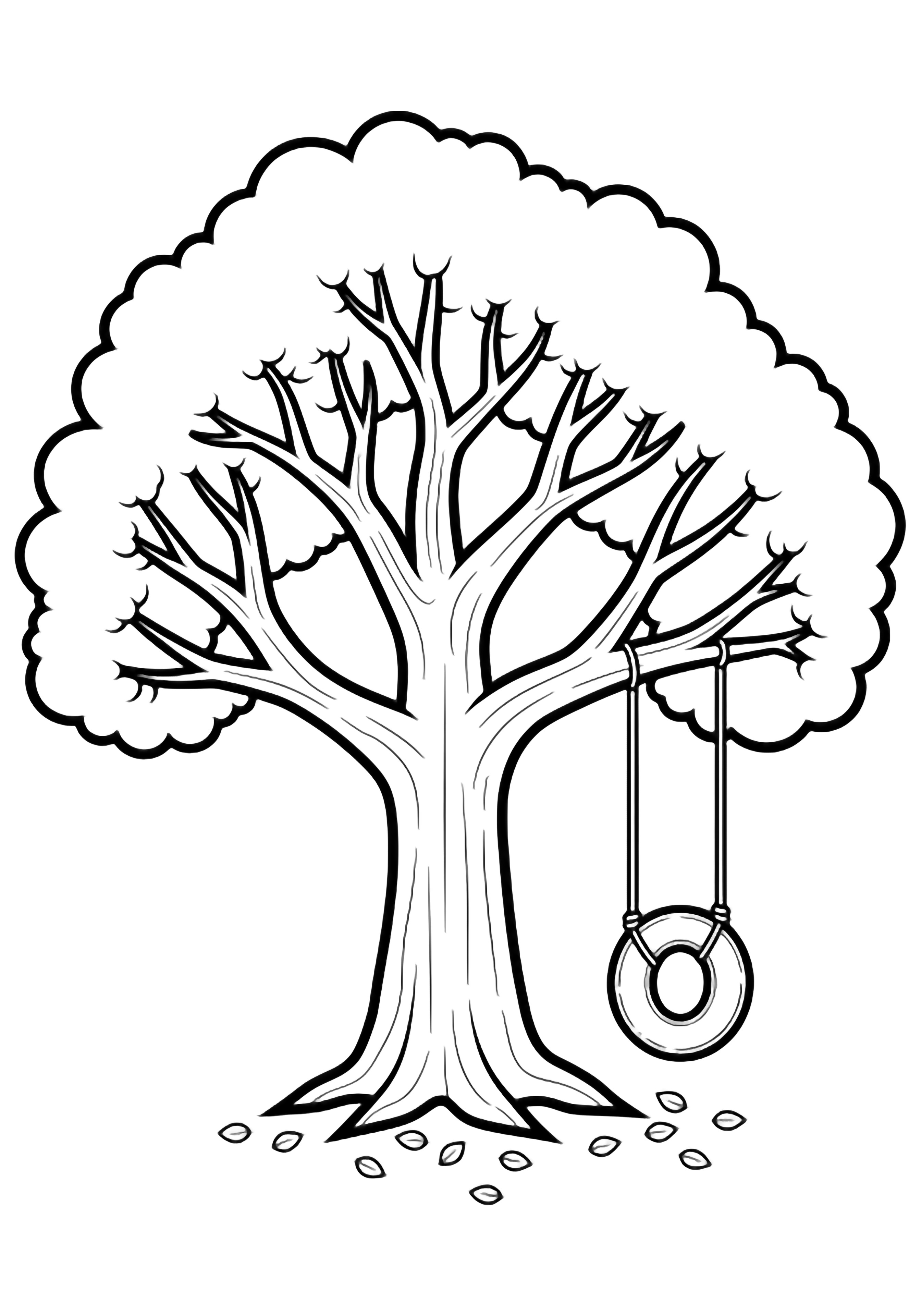 A cheerful tree with an empty tire swing and tiny leaves scattered on the ground below. kleurplaat