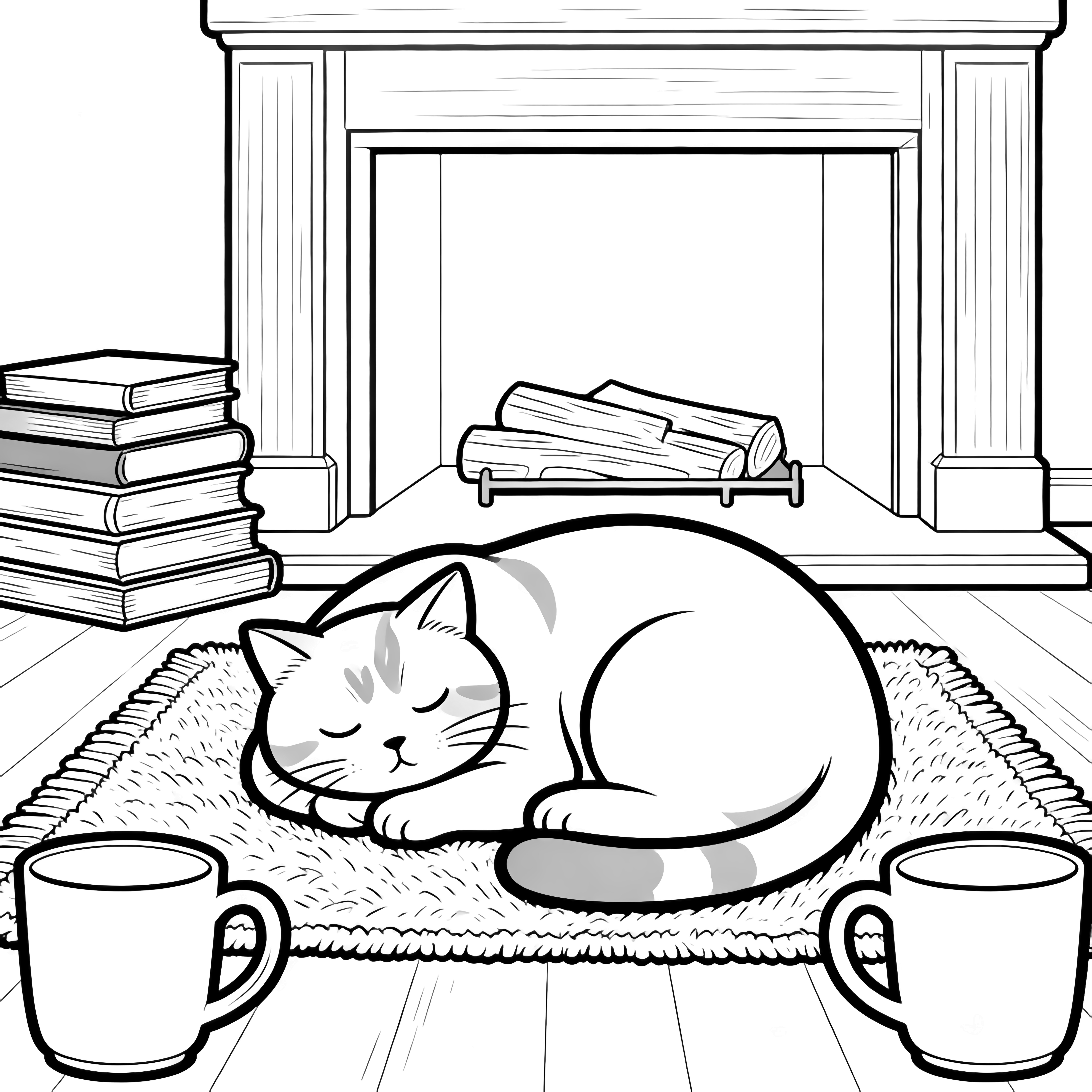 Plump cat napping on rug, empty fireplace, stacked books, two mugs, tranquil room kleurplaat