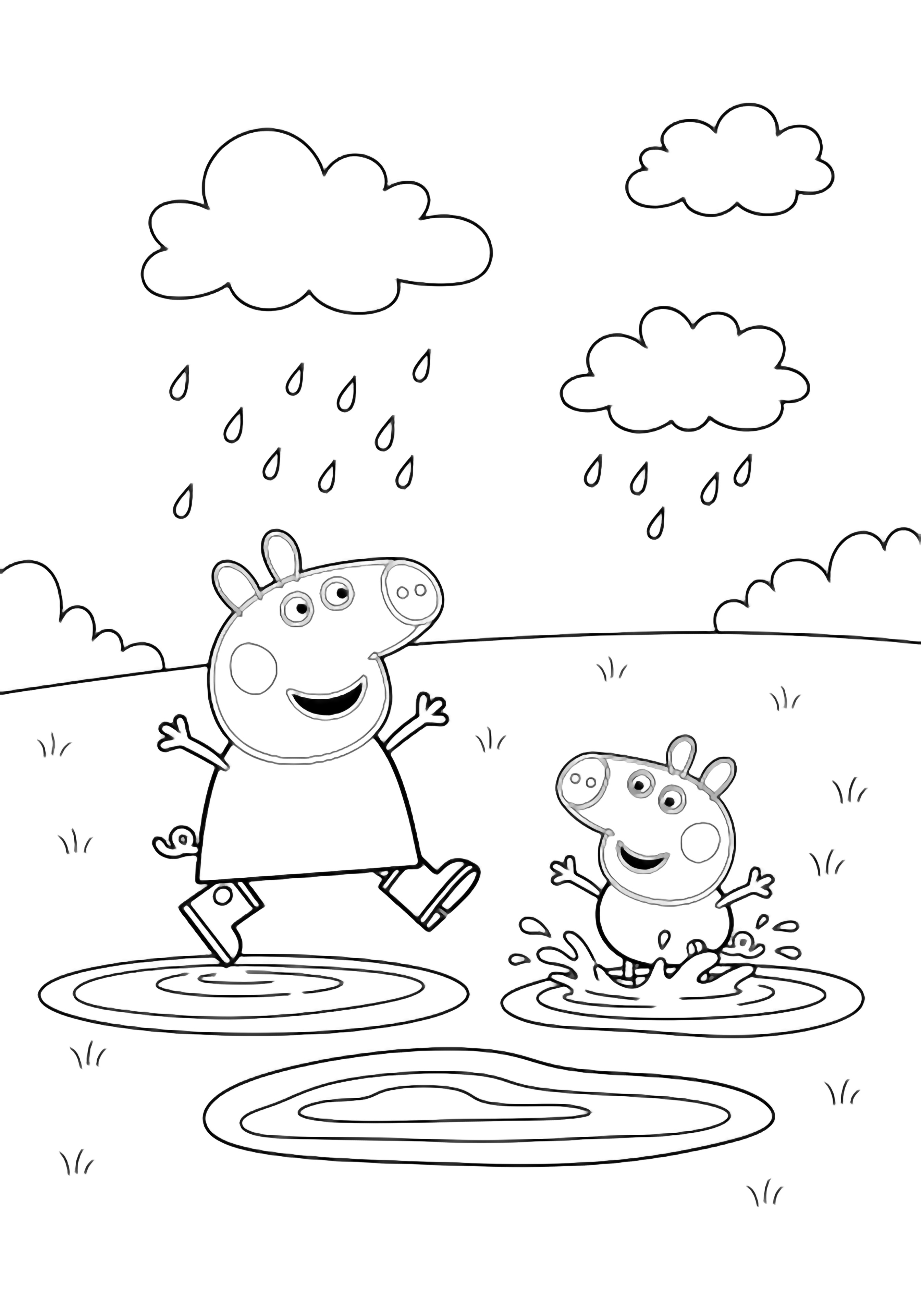 Peppa Pig mid-leap between two large puddles, arms wide, boot soles up; George beside her splashing; both smiling under light cloud drizzle in an open field. kleurplaat