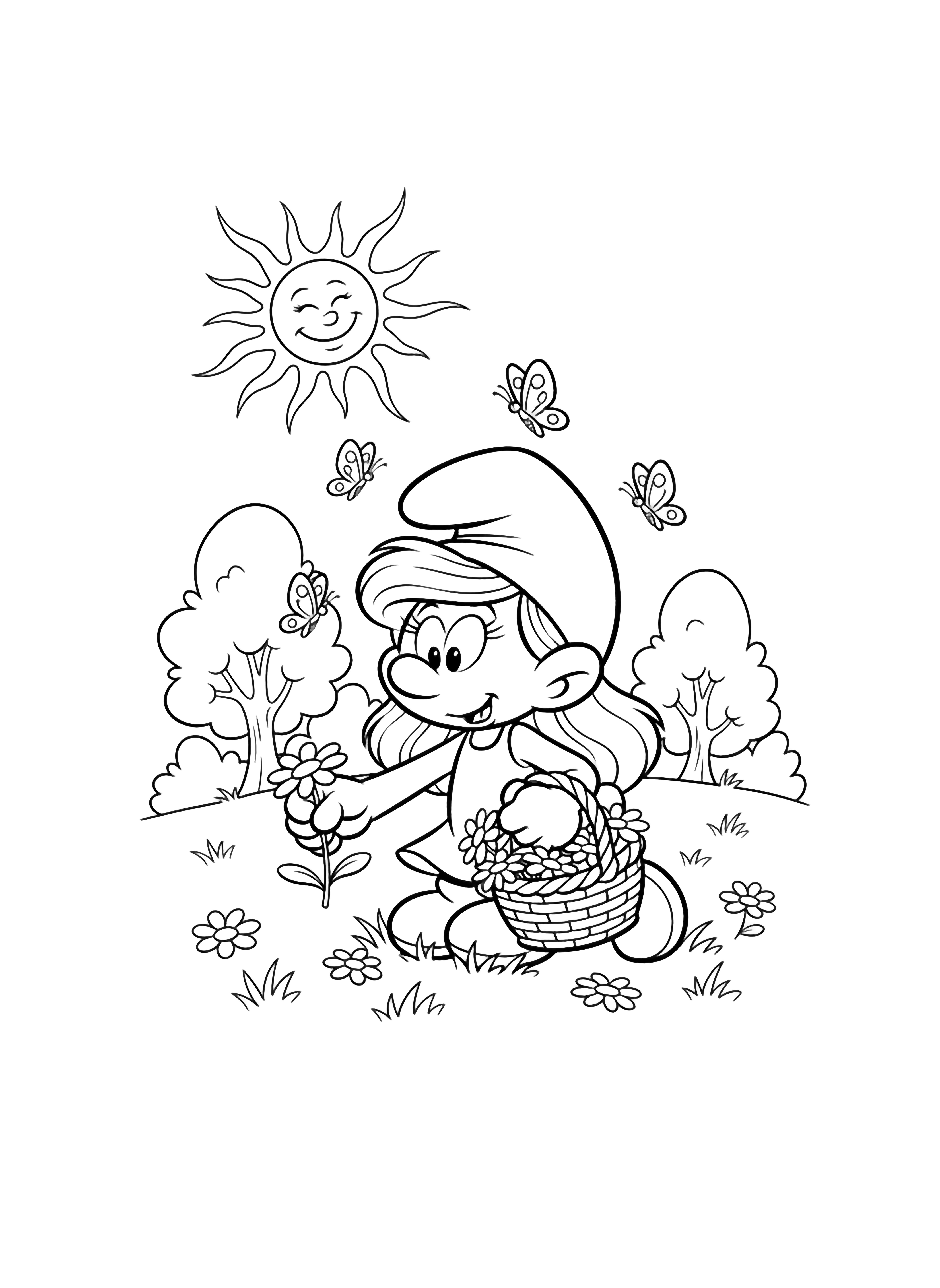 Smurfette kneels in a meadow, basket in hand, picking daisies while butterflies flutter nearby; distant trees and a smiling sun face above. kleurplaat