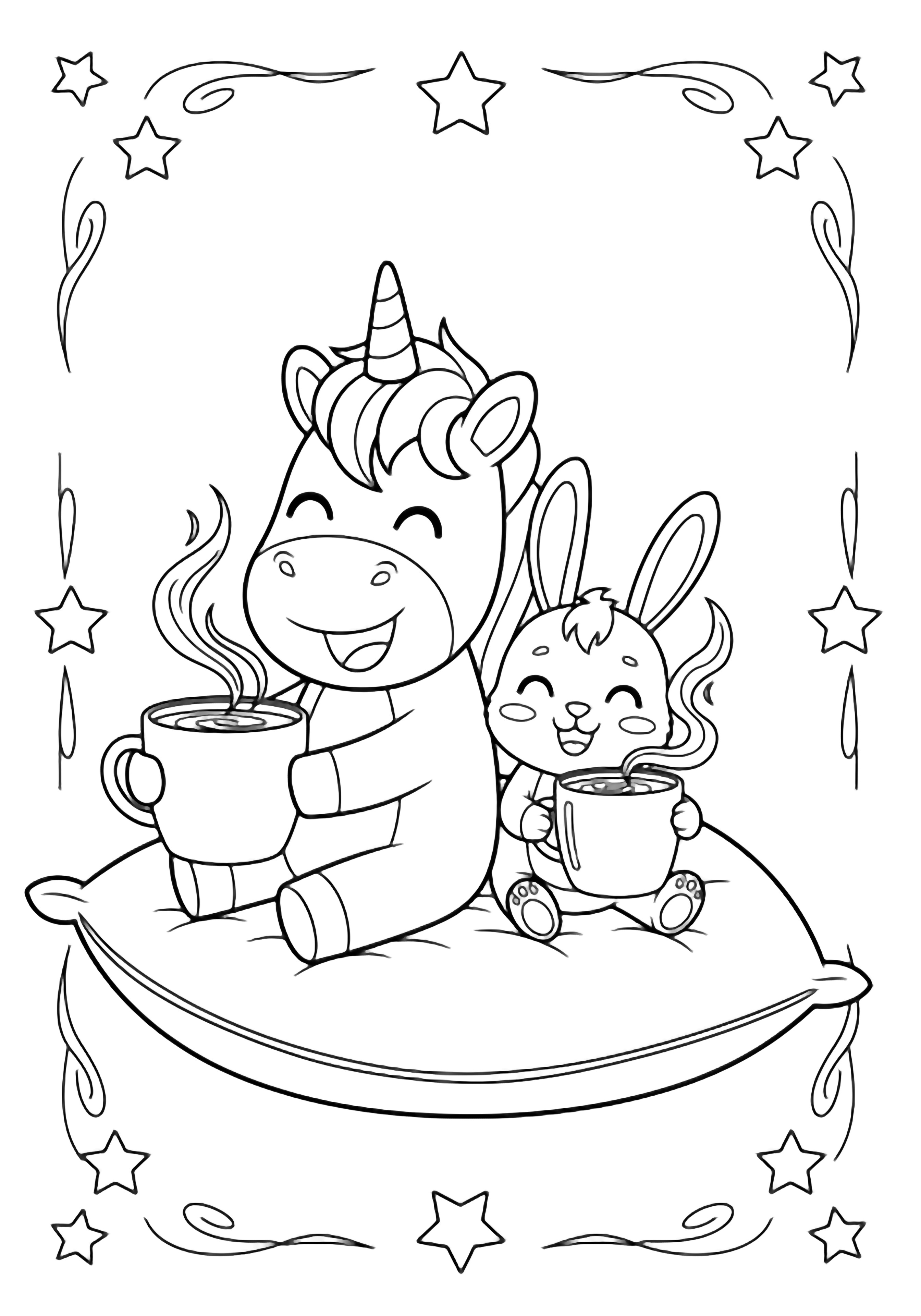 A smiling unicorn and a tiny bunny sit on plump pillows, each holding a steaming mug; simple stars and swirls frame them. kleurplaat