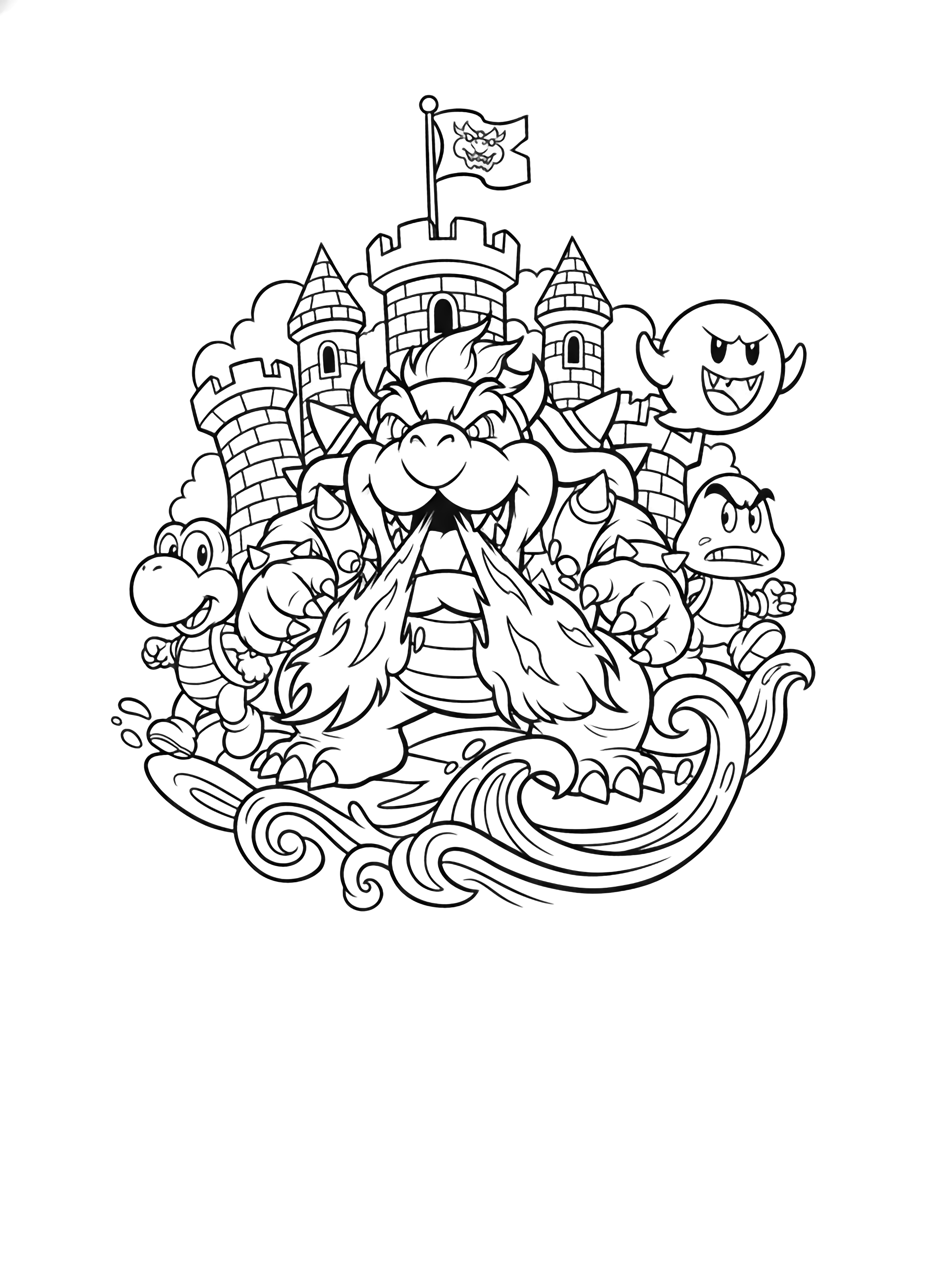 Bowser roars amid flame wisps, ringed by Koopa, Goomba and Boo; castle walls, flag and lava waves behind. kleurplaat