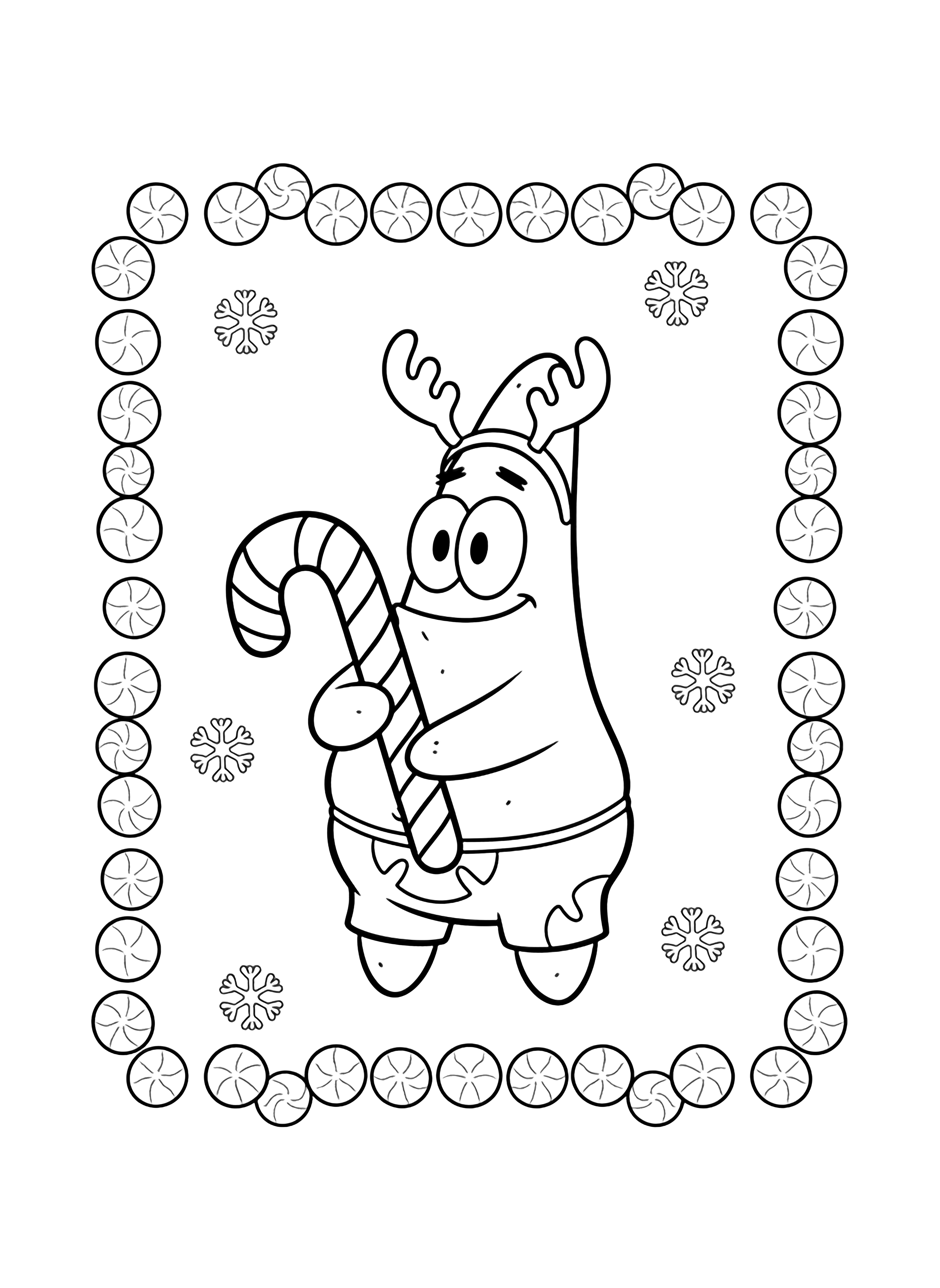 Patrick Star wearing reindeer antlers holds a tall candy cane, framed by snowflakes and round candy border. kleurplaat