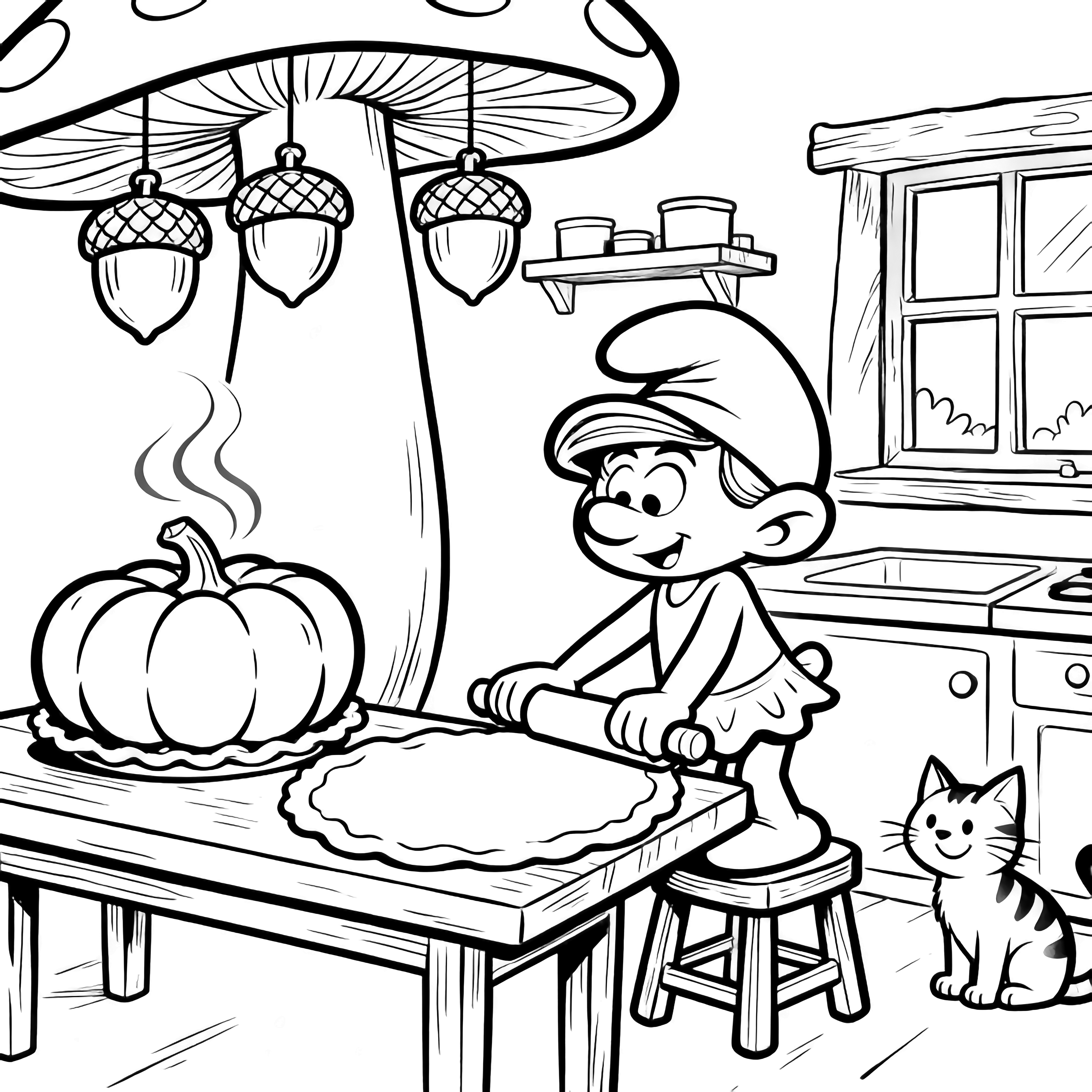 Smurfette stands on a stool rolling a big pie crust on a table; a steaming pumpkin pie waits nearby in a cozy mushroom kitchen with acorn lamps, shelves, window, and a smiling cat. kleurplaat