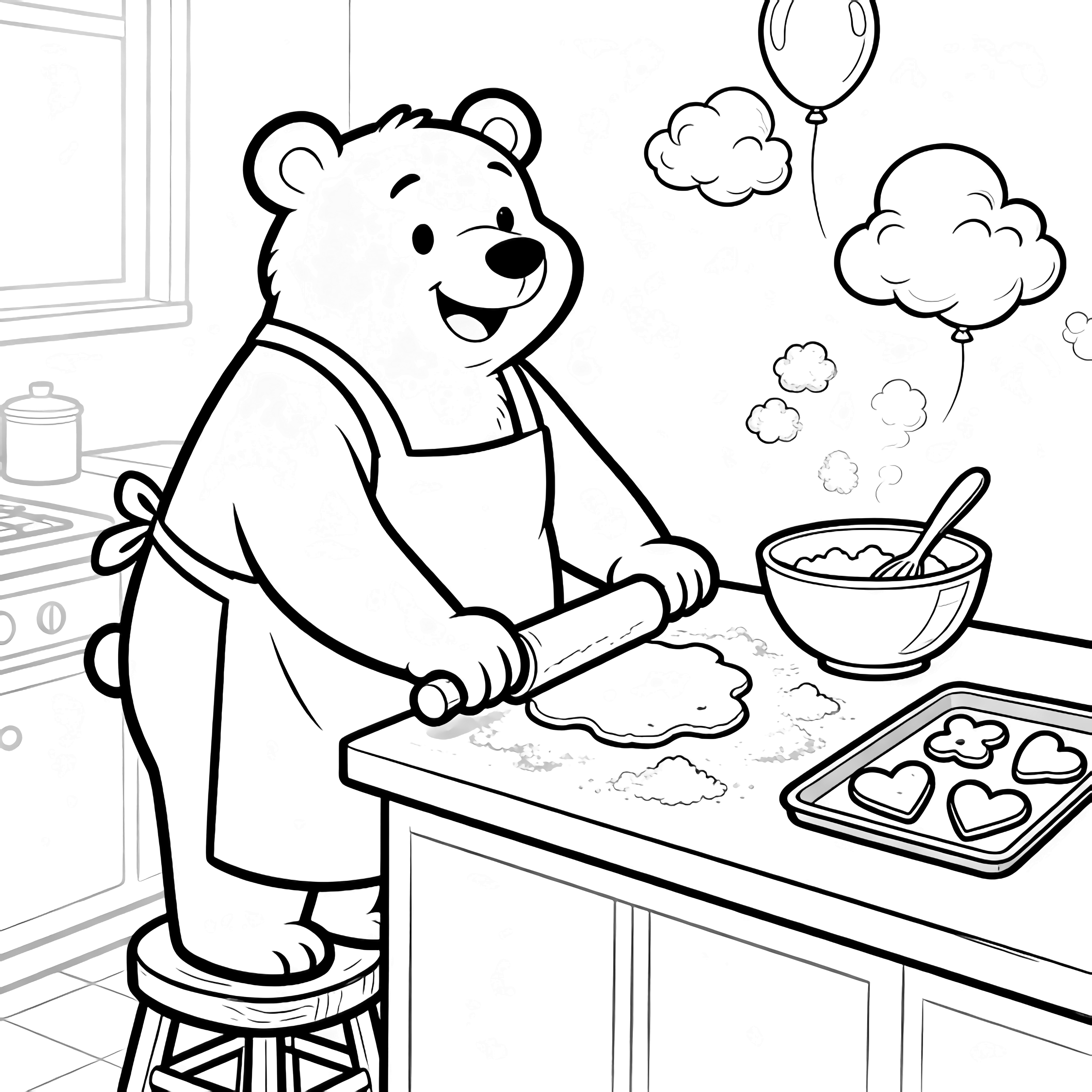 A smiling bear in an apron stands on a stool rolling cookie dough; flour clouds drift like balloons, with a mixing bowl, spoon, and tray of heart cookies on the counter. kleurplaat