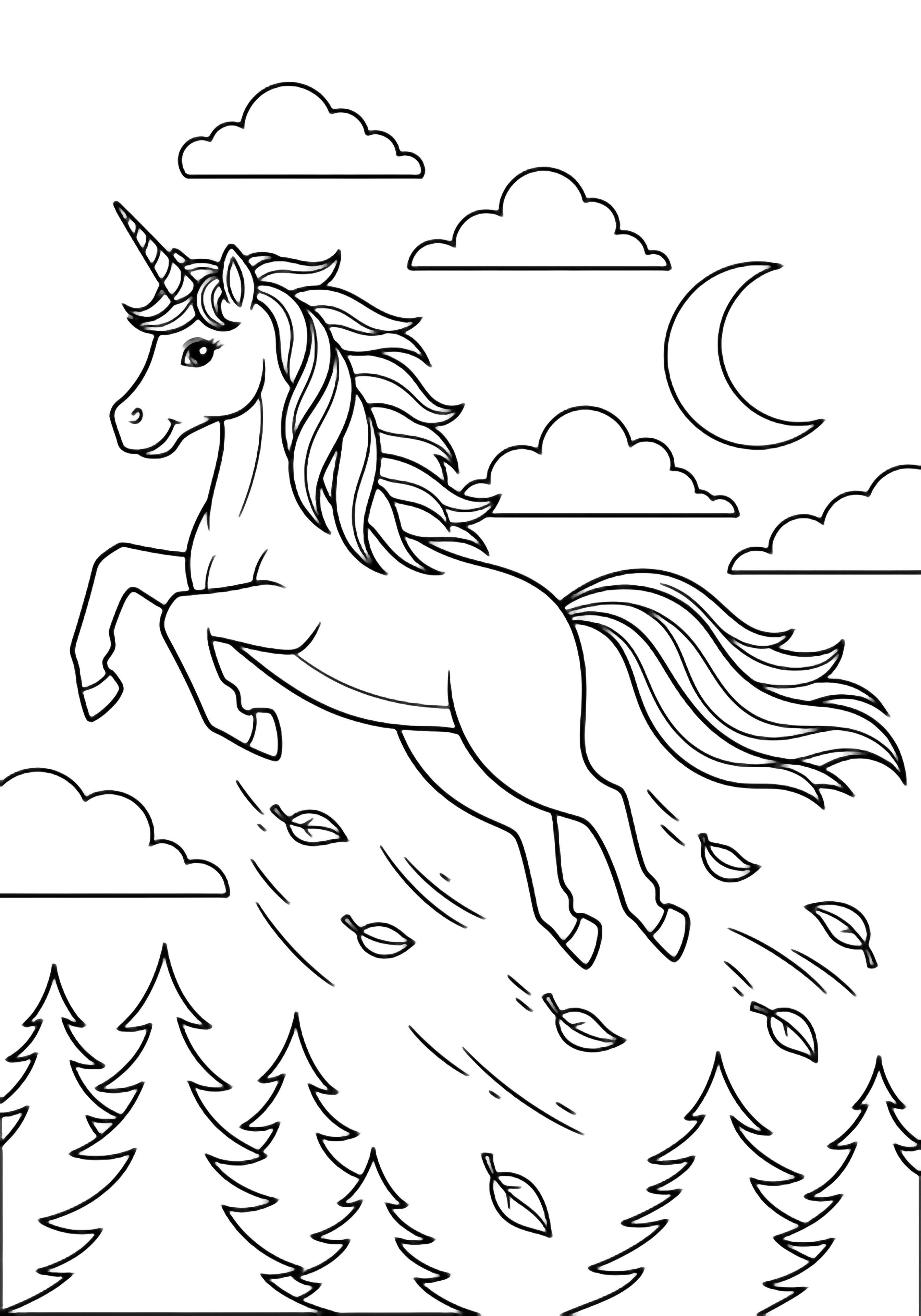 A smiling unicorn soars above a forest, its mane and tail streaming; clouds, a crescent moon, and drifting leaves follow. kleurplaat