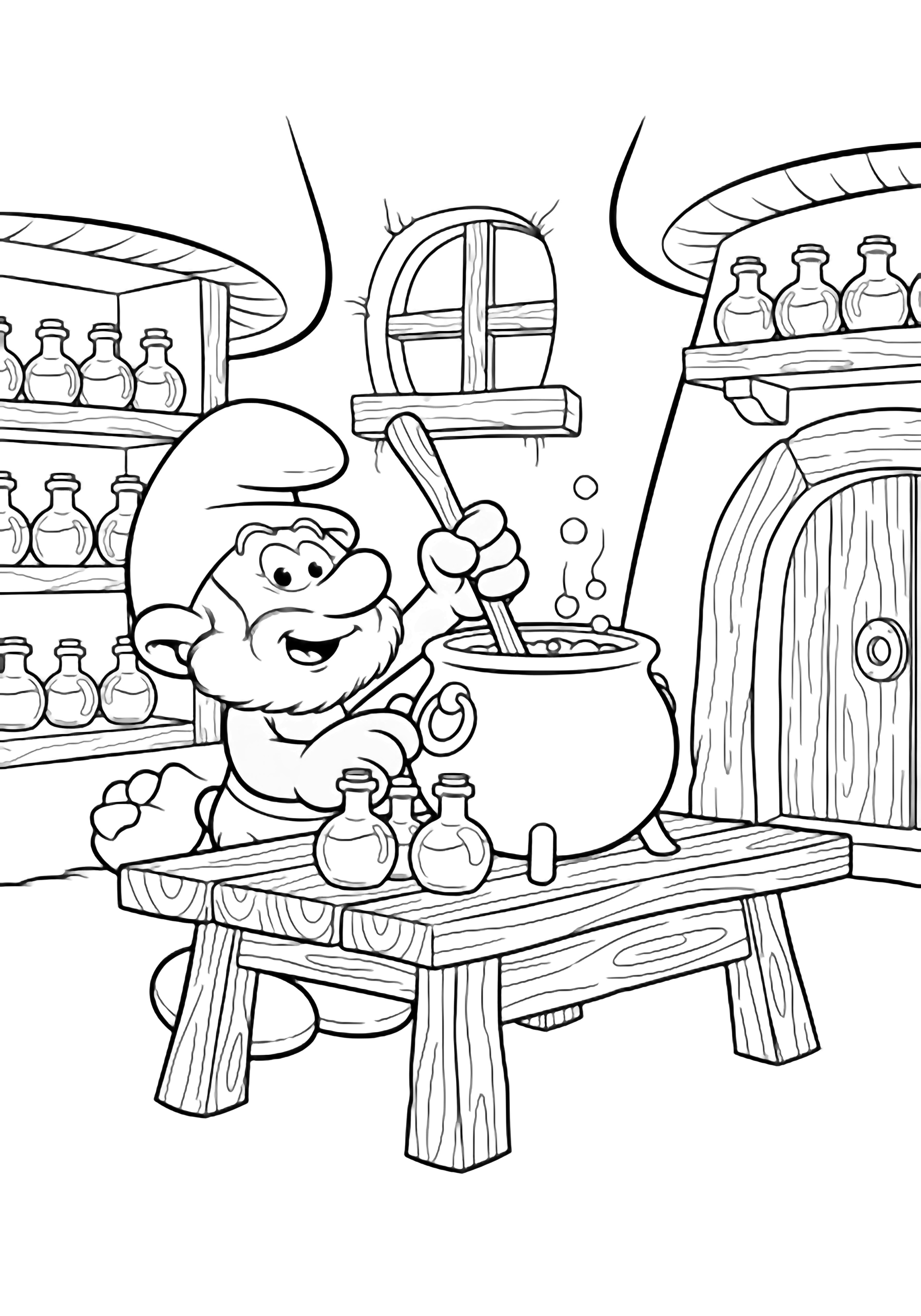 Papa Smurf stirs a cauldron at a wooden table inside a tall mushroom house, shelves of empty bottles behind him, window and door framing the cozy scene. kleurplaat
