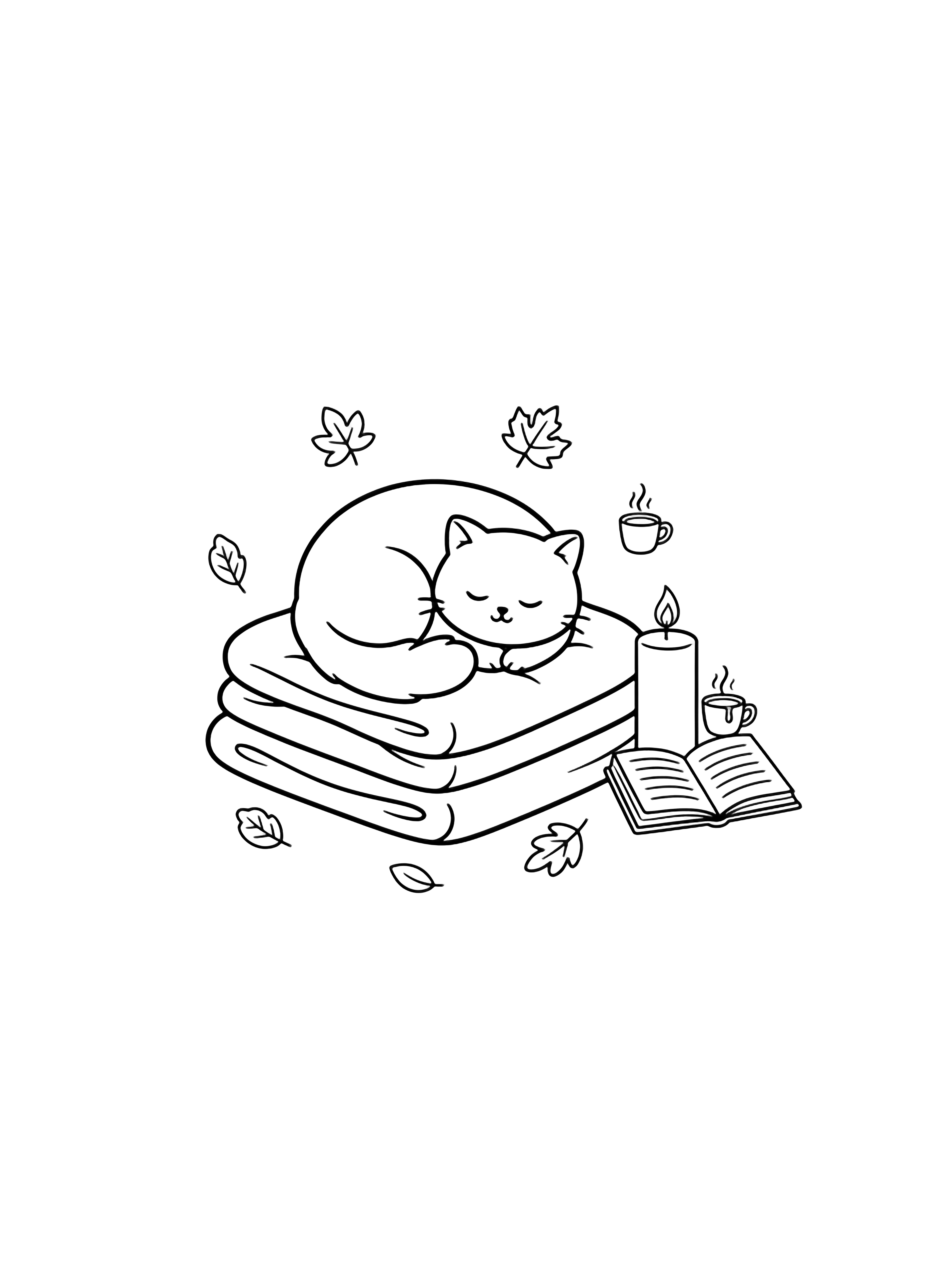 Chubby kawaii cat curled asleep on stacked blankets, tail looped beside tall candle and open book, surrounded by falling leaves and tiny floating mug. kleurplaat
