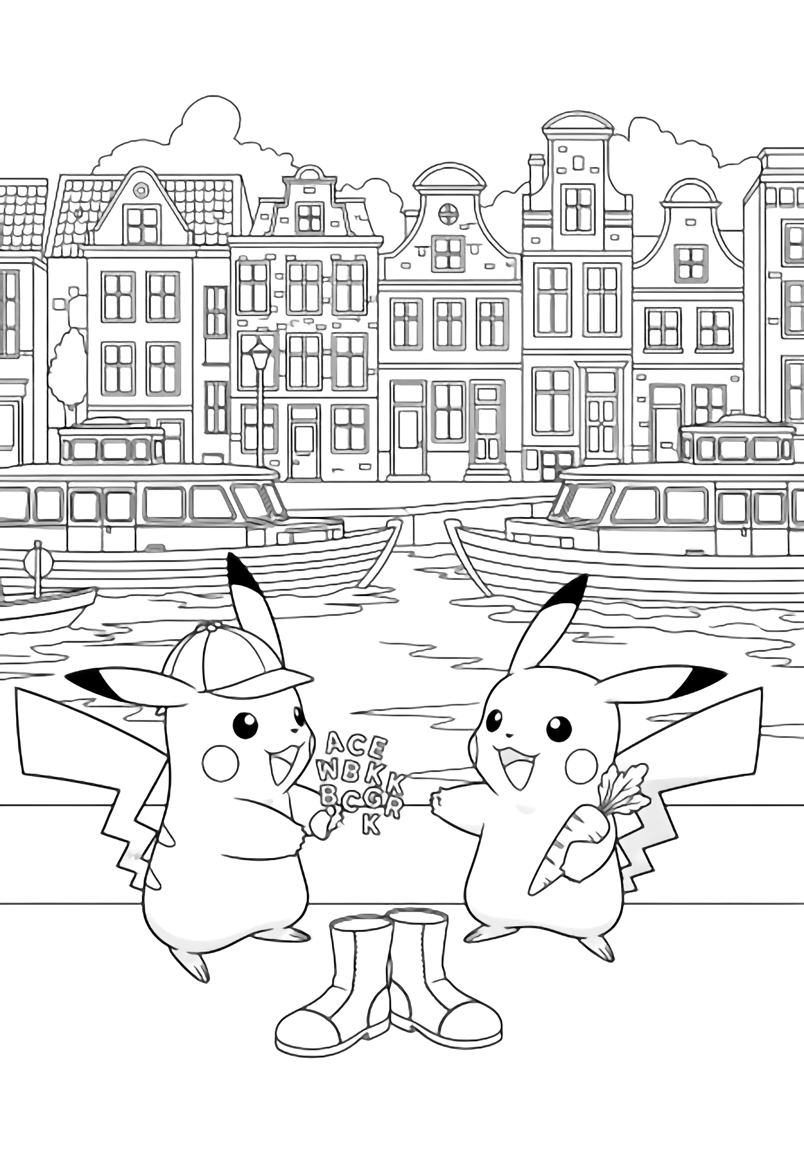 Two Pikachu, one in a deerstalker cap, beside canal houses, offering alphabet candy and carrots; empty boots below, simple ferry boats behind. kleurplaat