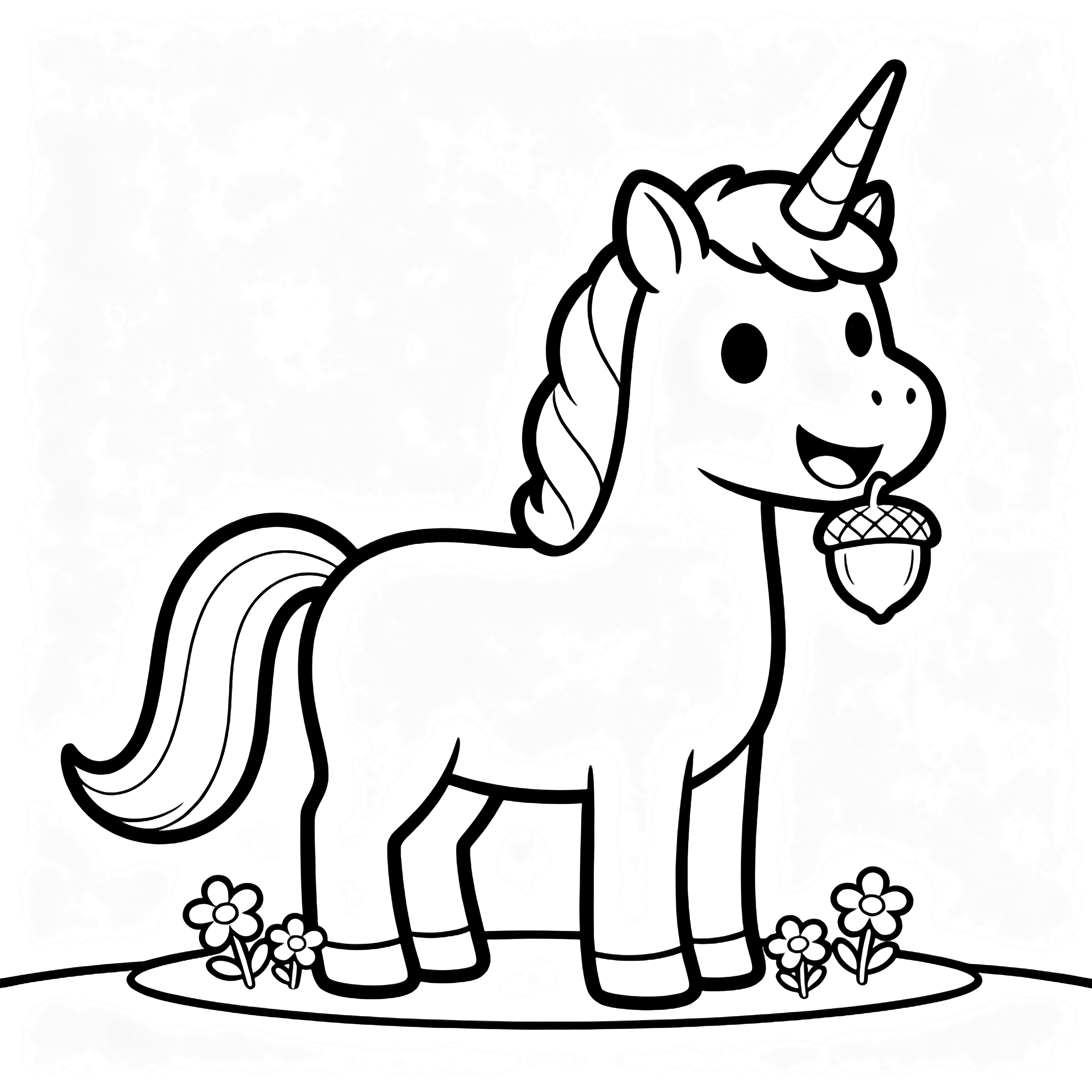 A smiling unicorn holds an acorn in its mouth, standing above tiny flowers on a simple ground line. kleurplaat