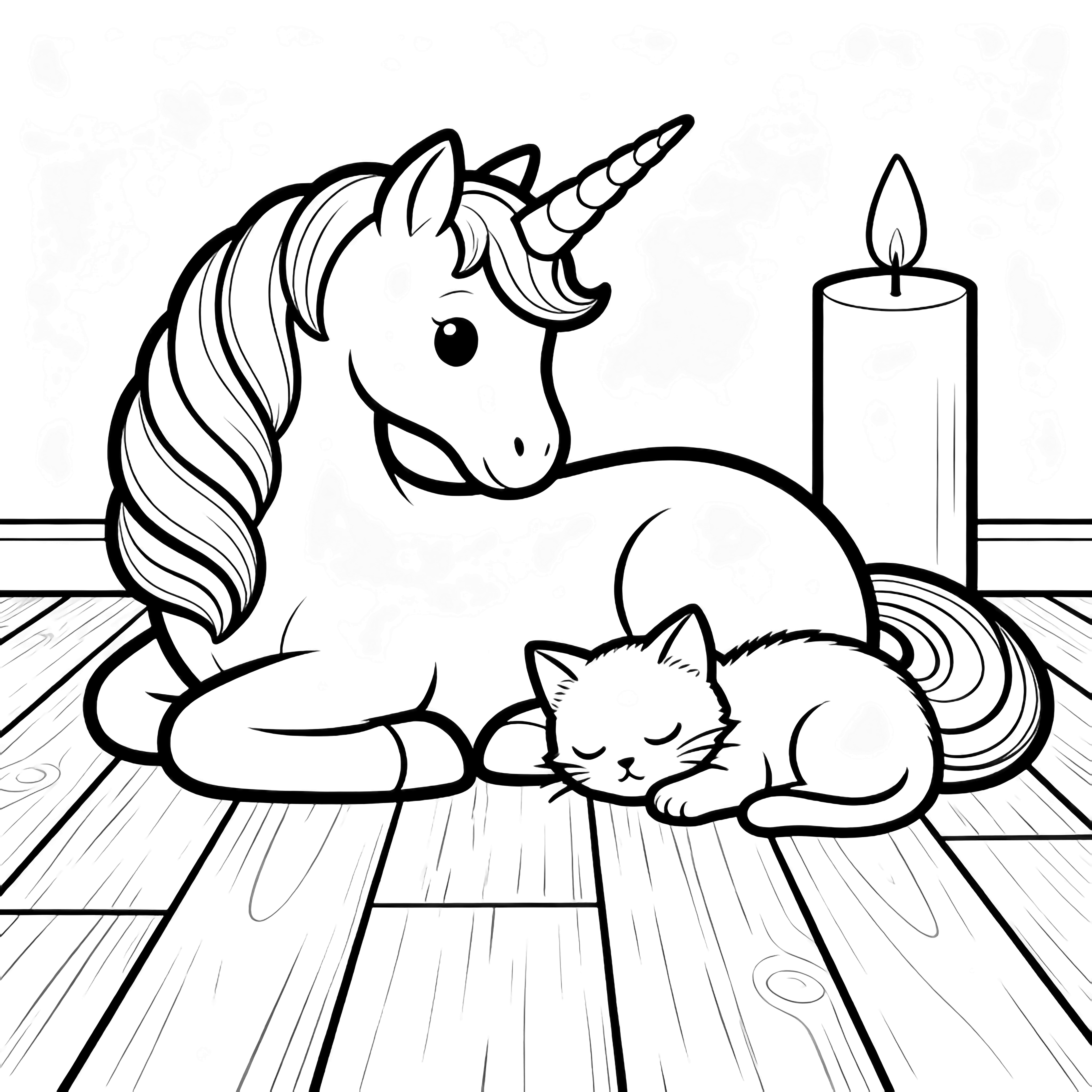 A curled unicorn and a tiny kitten napping nose-to-nose beside a tall candle on simple wooden floor planks. kleurplaat