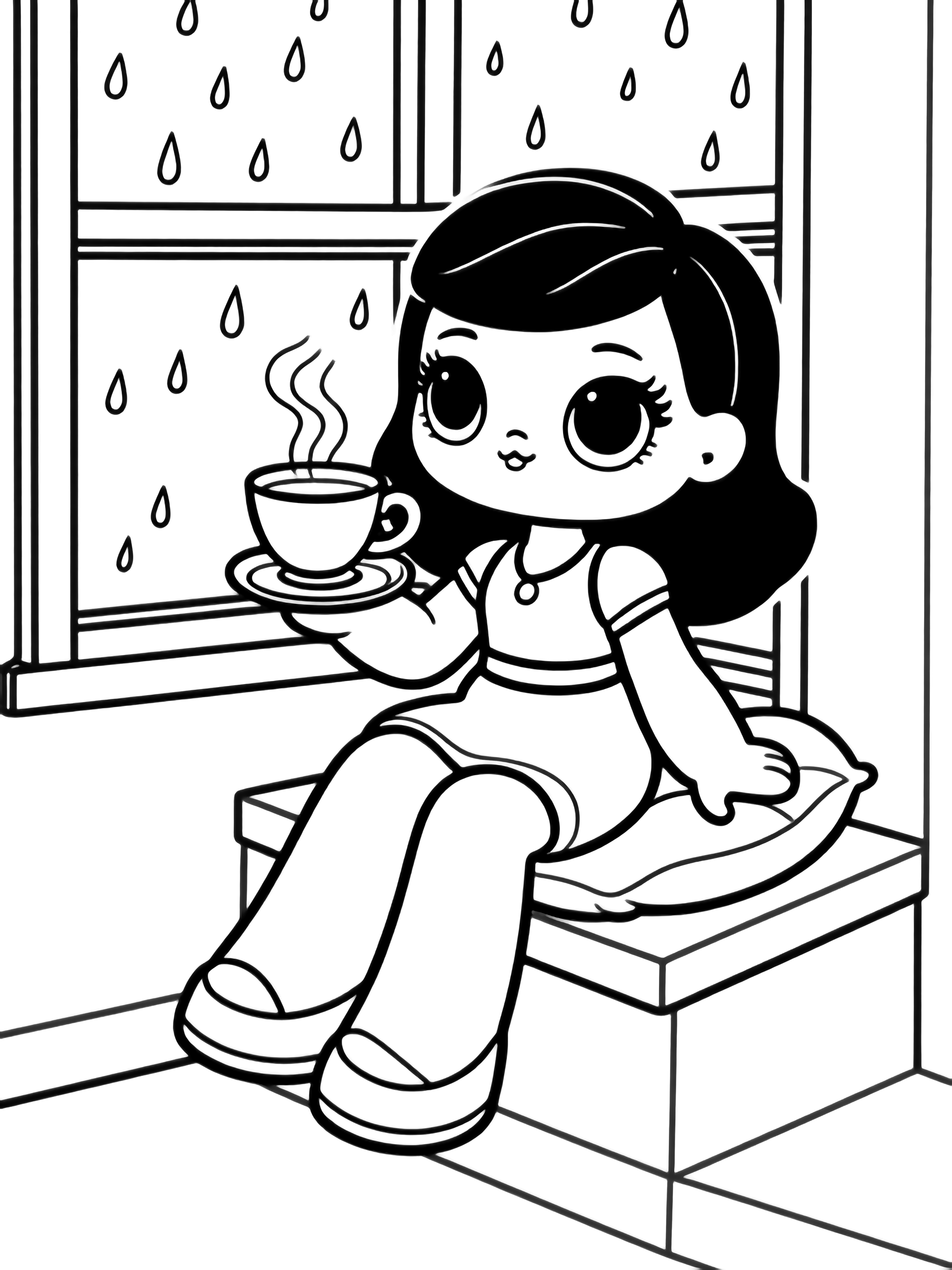 LOL Surprise Sugar doll perched on a padded sill, legs swinging, steam curling from her teacup while neat raindrops slide down the window behind her. kleurplaat