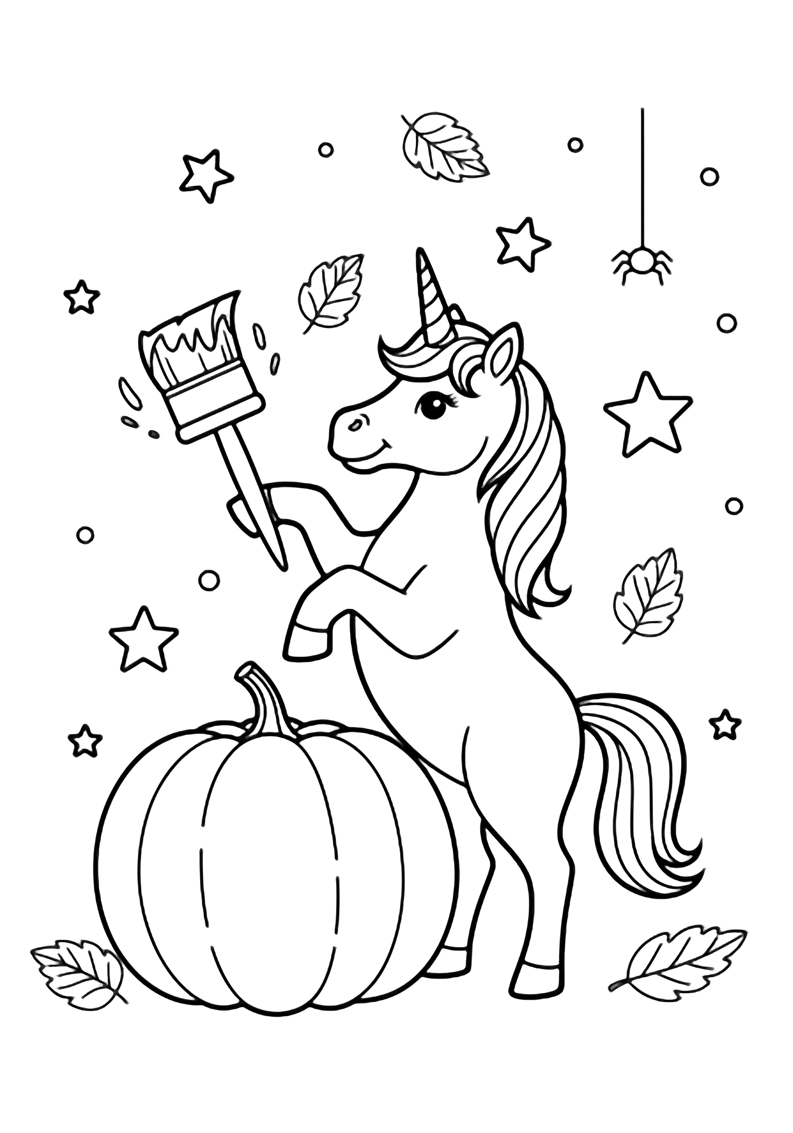 A unicorn rears up, painting a big pumpkin; little stars, leaves, and a spider drift nearby. kleurplaat