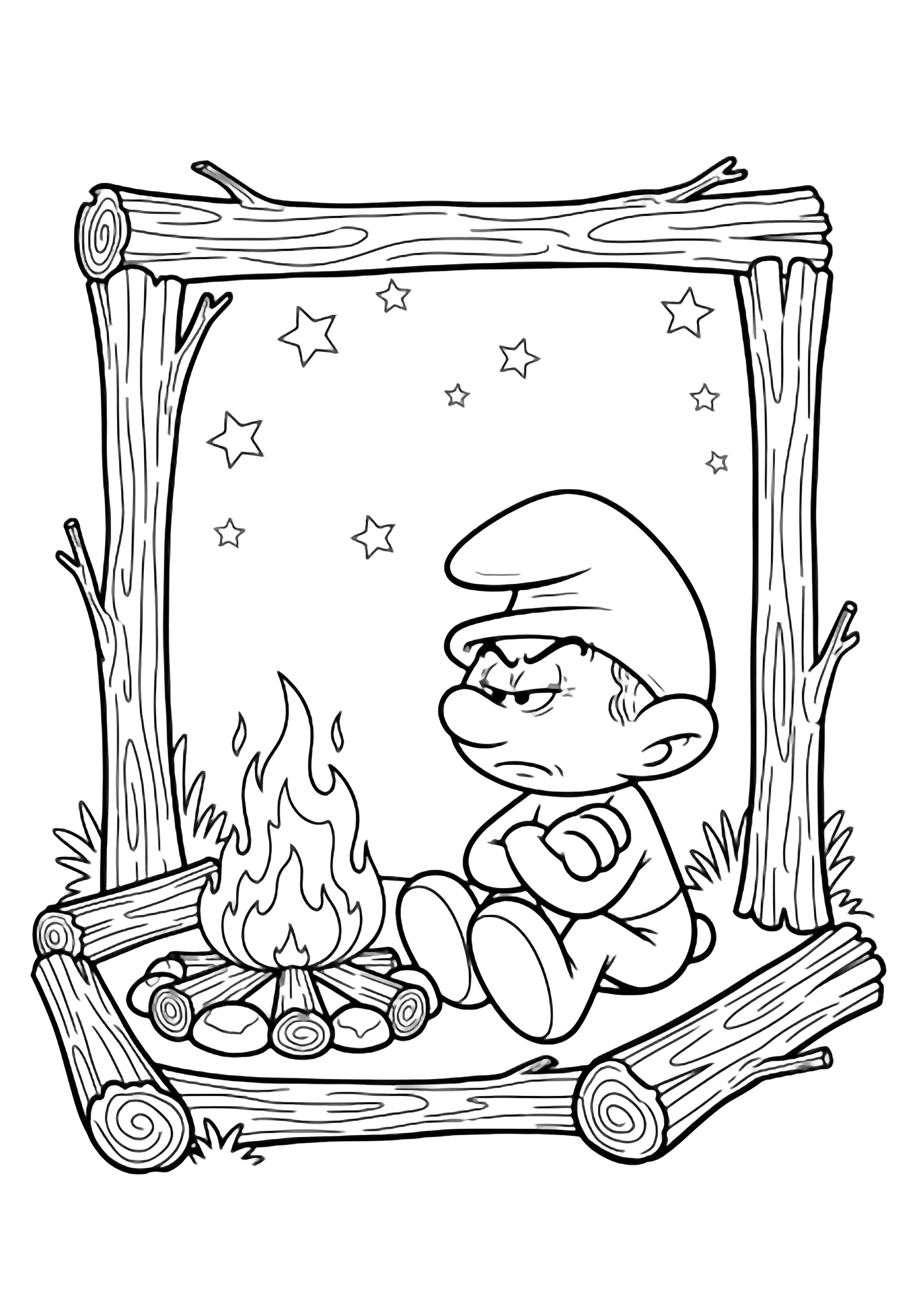 Grouchy Smurf sits cross-legged beside a small campfire, arms folded, leaning toward the flames; logs, twigs, and starry sky surround him. kleurplaat