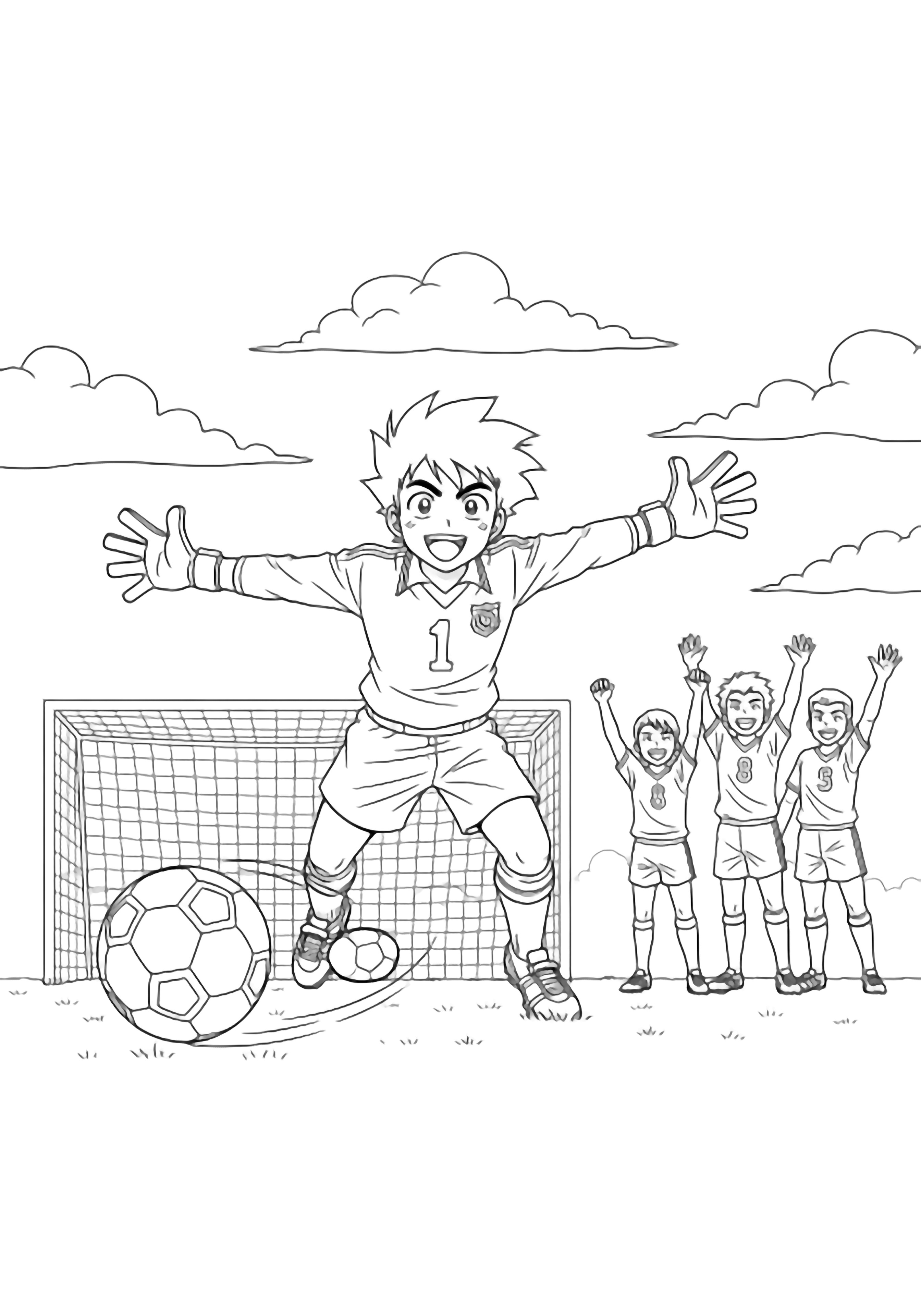 Captain Endou, arms spread, guards a simple goal while three teammates cheer and a soccer ball rolls nearby under fluffy clouds. kleurplaat