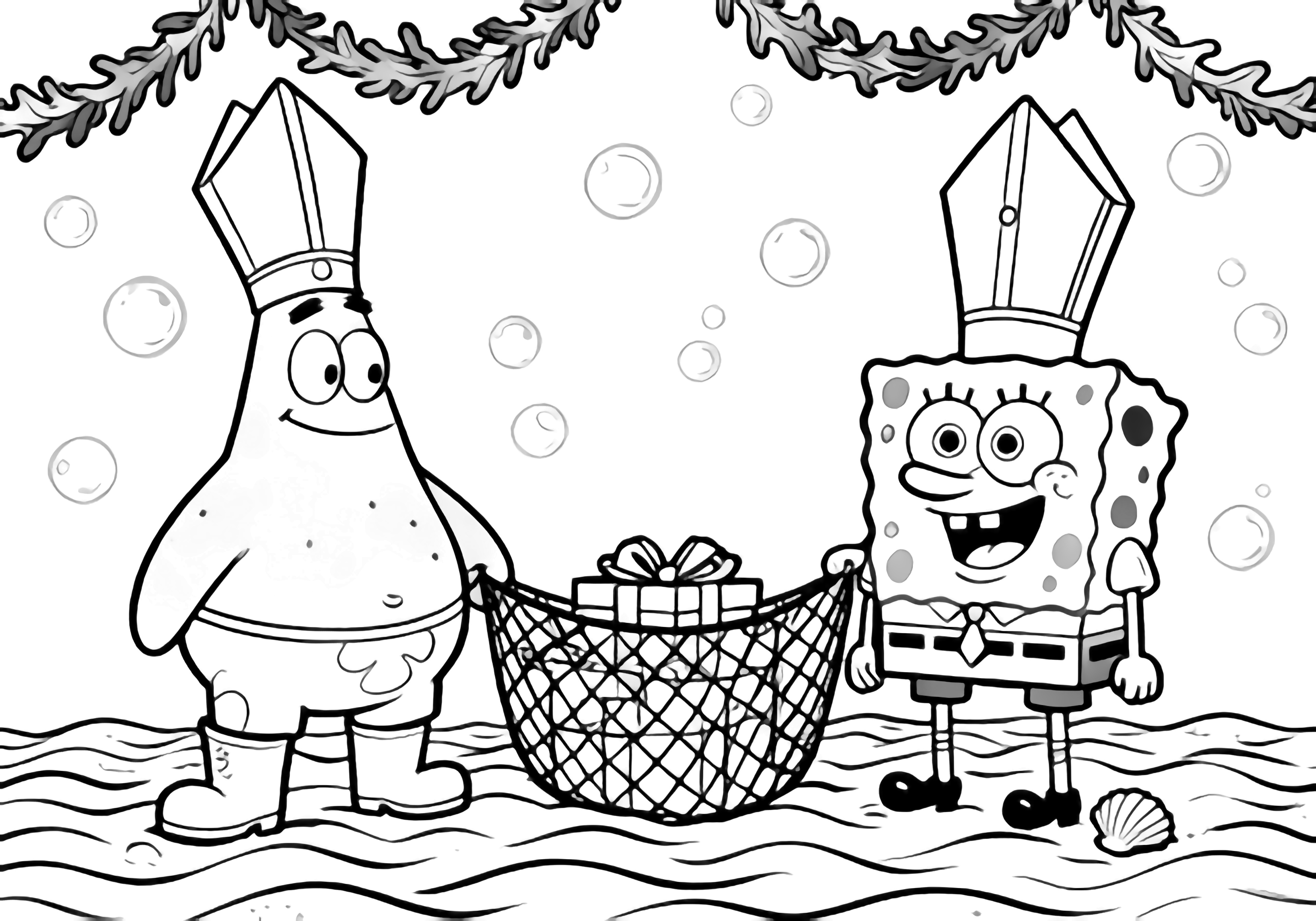 SpongeBob and Patrick stand on wavy seabed wearing tall bishop mitres; empty shell-boots at their feet, seaweed garlands overhead, gift-filled open net between them, simple bubble background kleurplaat