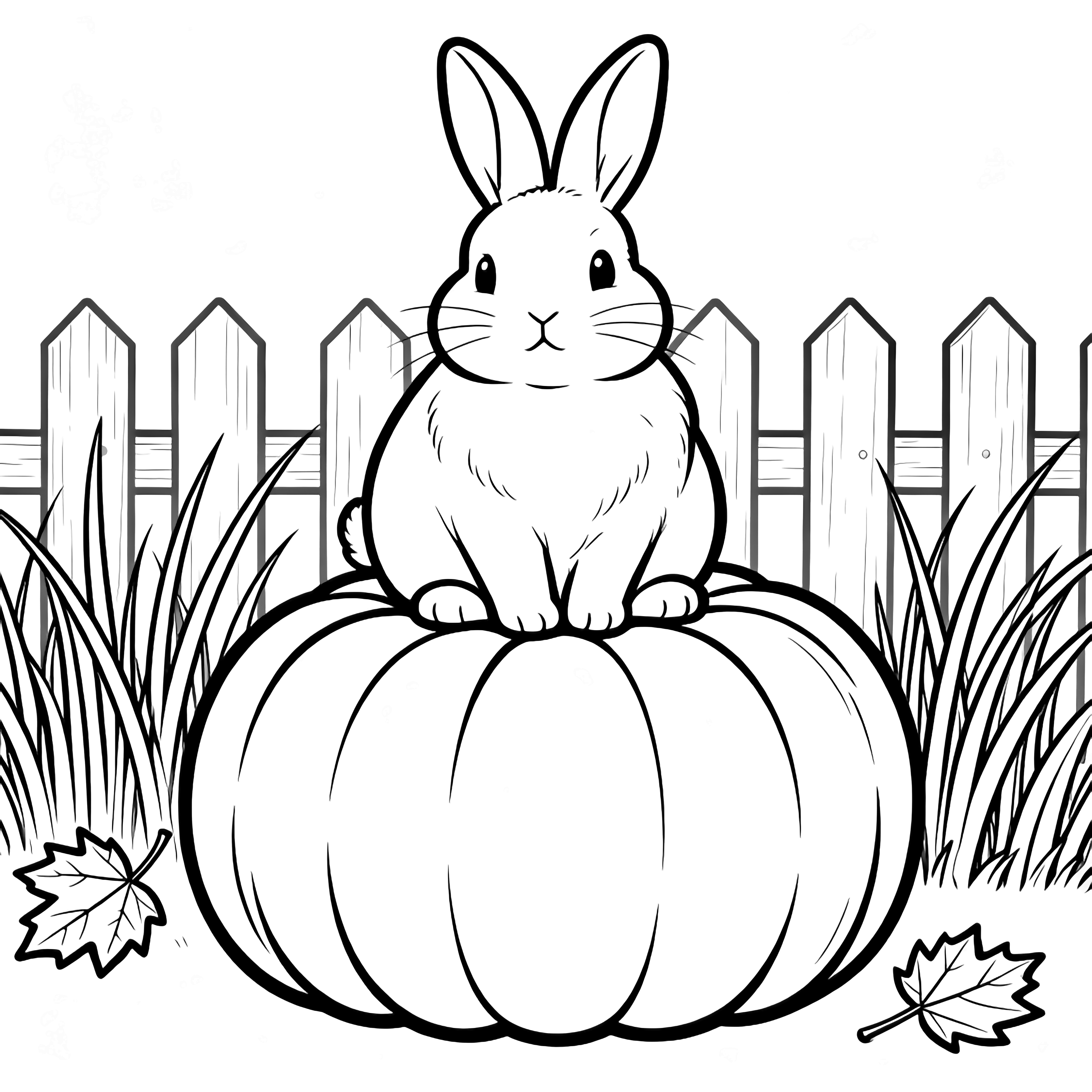 A plump rabbit perched on a round pumpkin while two maple leaves drift beside tall grass and a picket fence. kleurplaat