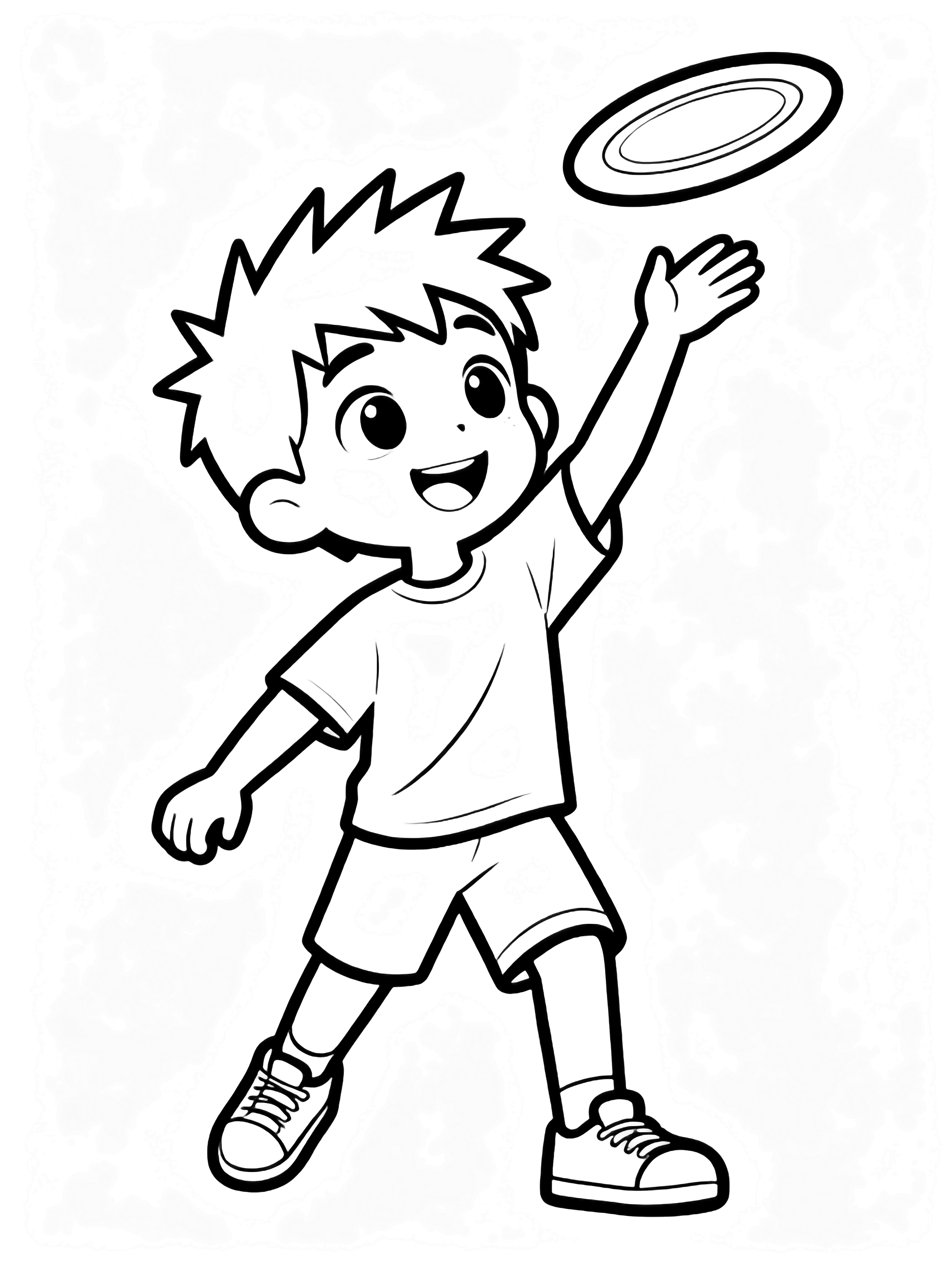 A joyful child with spiky hair, wearing a tee, shorts and sneakers, hurls a round frisbee skyward. kleurplaat