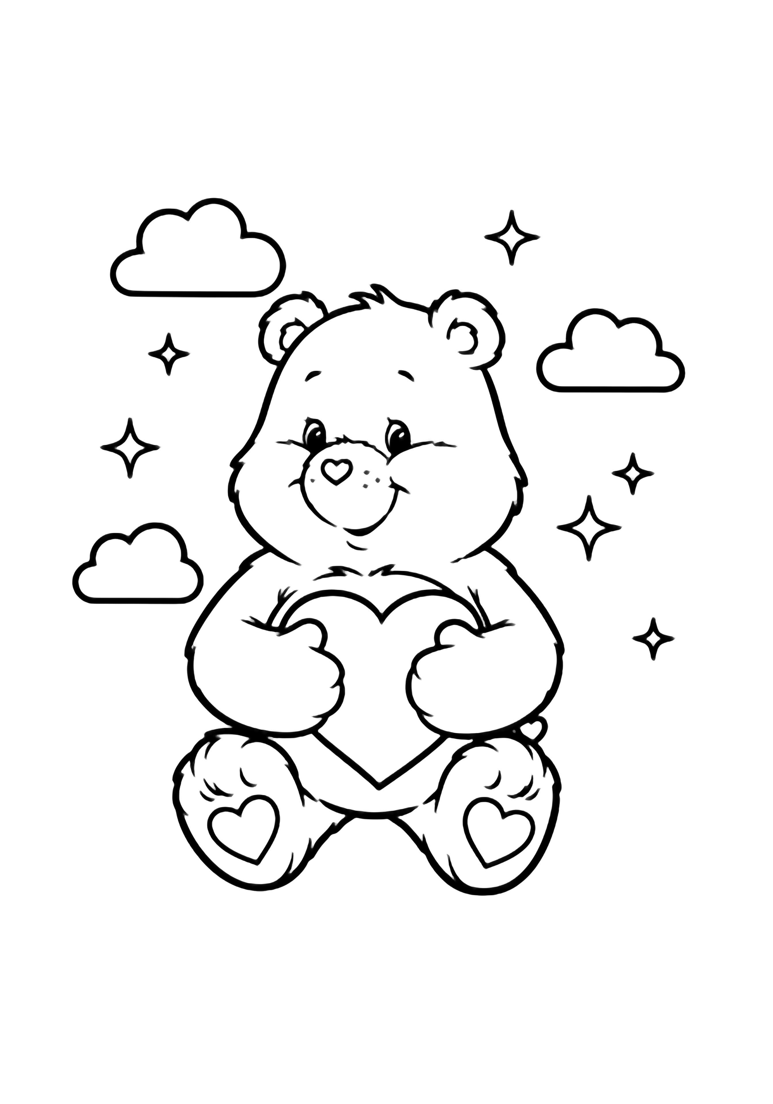 Een vrolijke Care Bear zit centraal en knuffelt een groot hart tegen zijn buik, glimlacht zachtjes; eenvoudige wolken en sterren zweven op de achtergrond. kleurplaat
