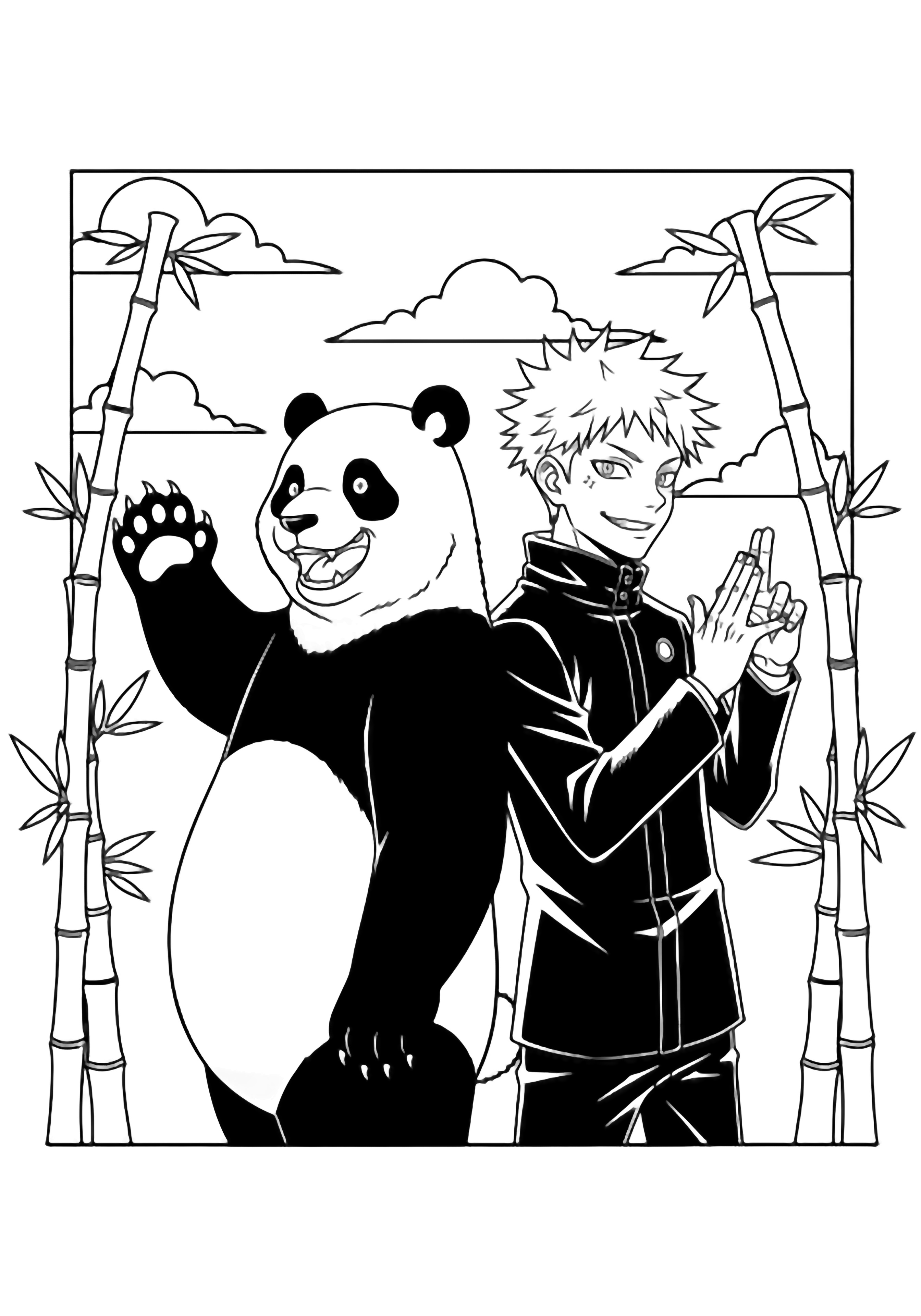 Panda and Inumaki stand back-to-back, Panda waving, Inumaki signing, both grinning amid bamboo and fluffy clouds. kleurplaat
