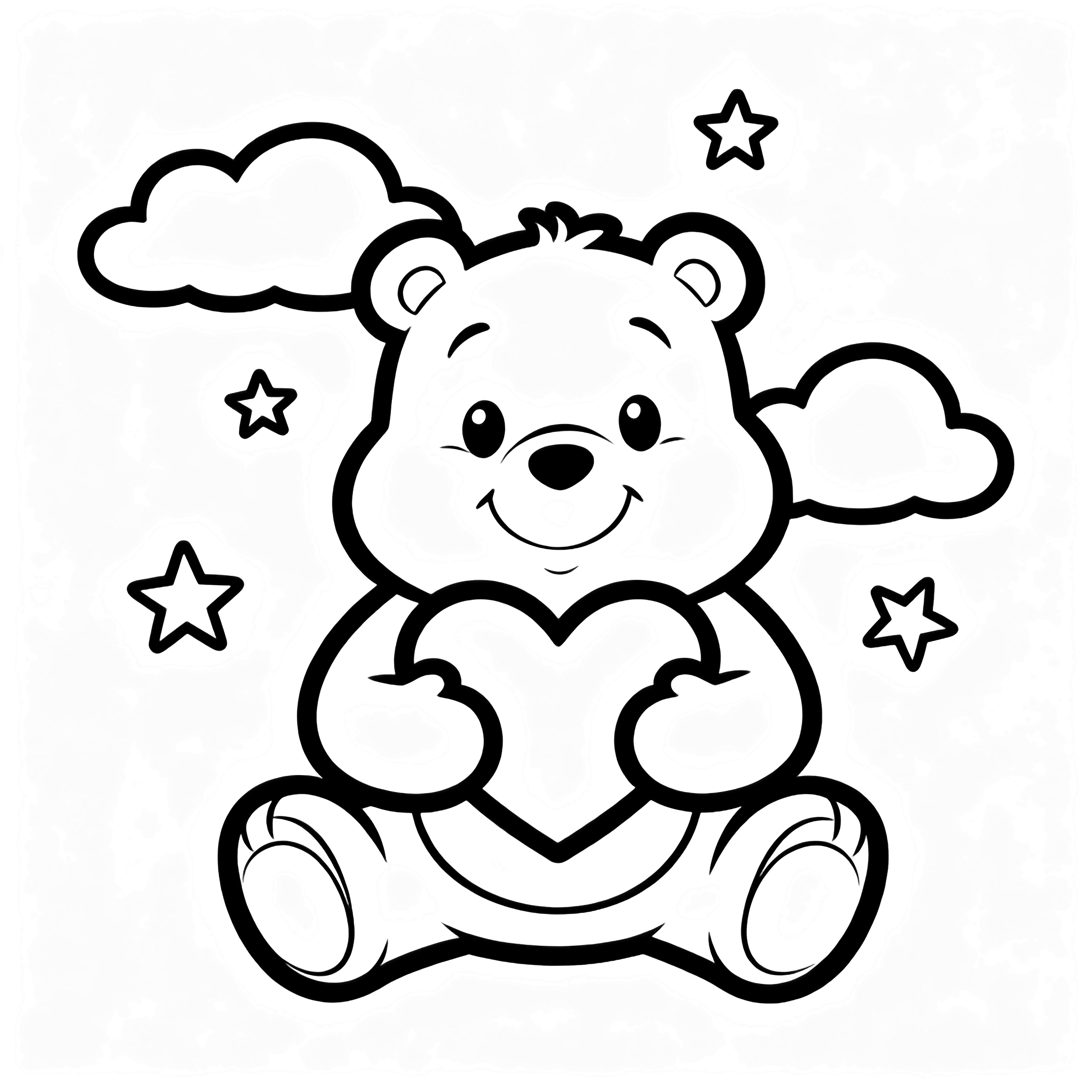 A smiling Care Bear hugs a large heart to its tummy, with simple clouds and stars drifting behind. kleurplaat