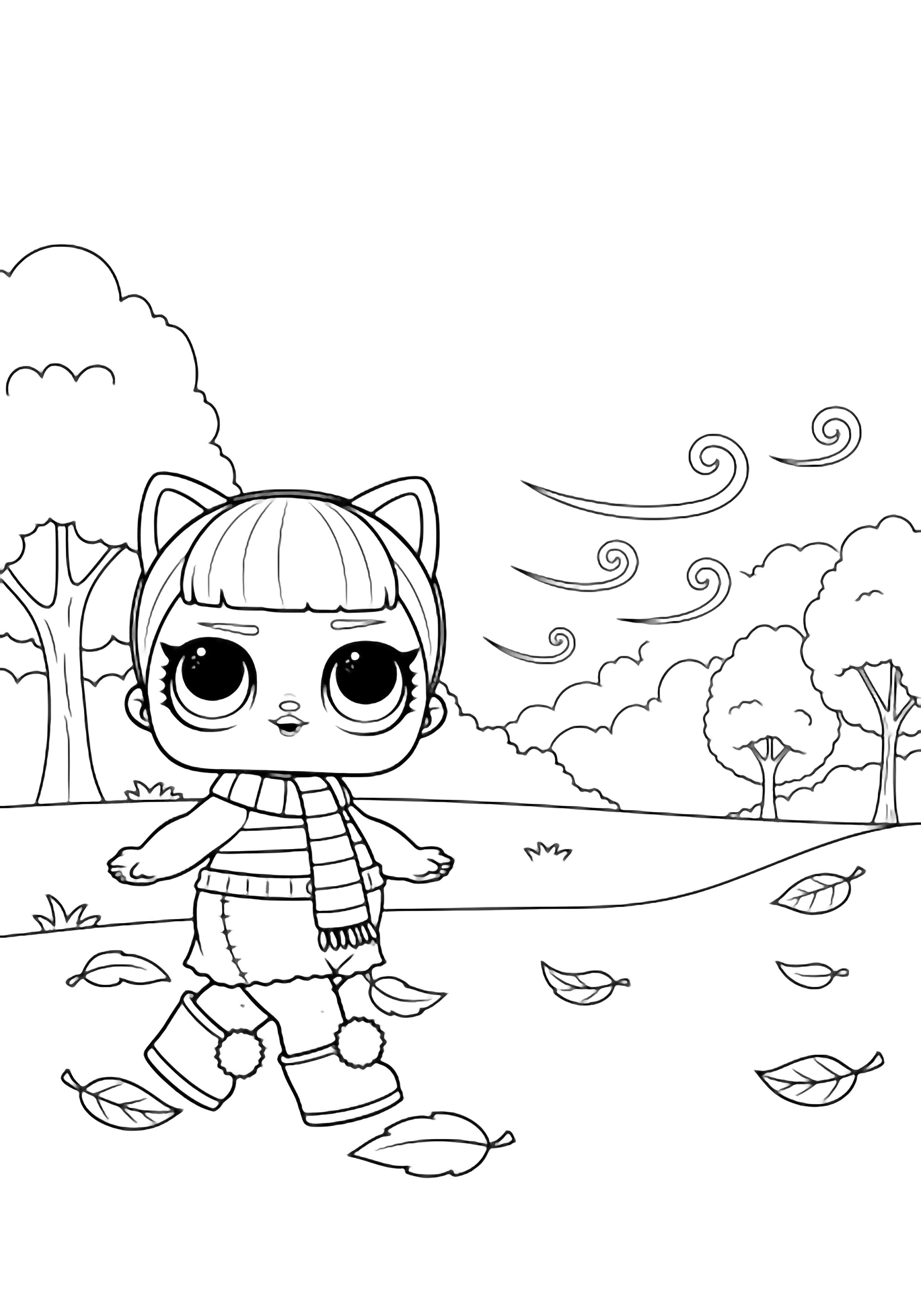 LOL Surprise Kitty Queen strolls left, big eyes smiling, striped scarf and pompom boots, park ground with five fallen leaves, three distant trees, swirling breeze lines kleurplaat