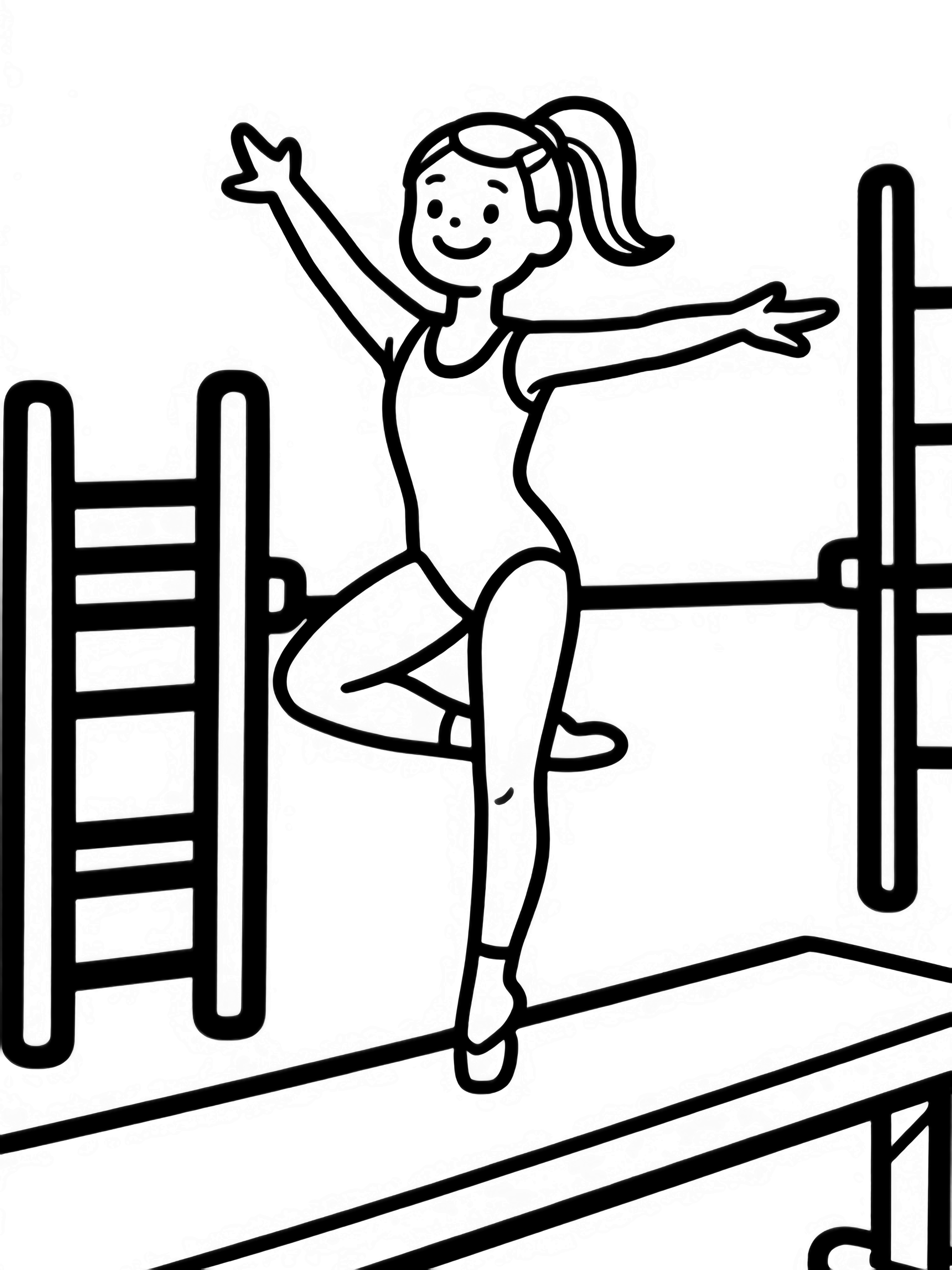 Smiling gymnast balances on one foot atop a beam, arms out, ponytail flowing; simple gym equipment behind. kleurplaat