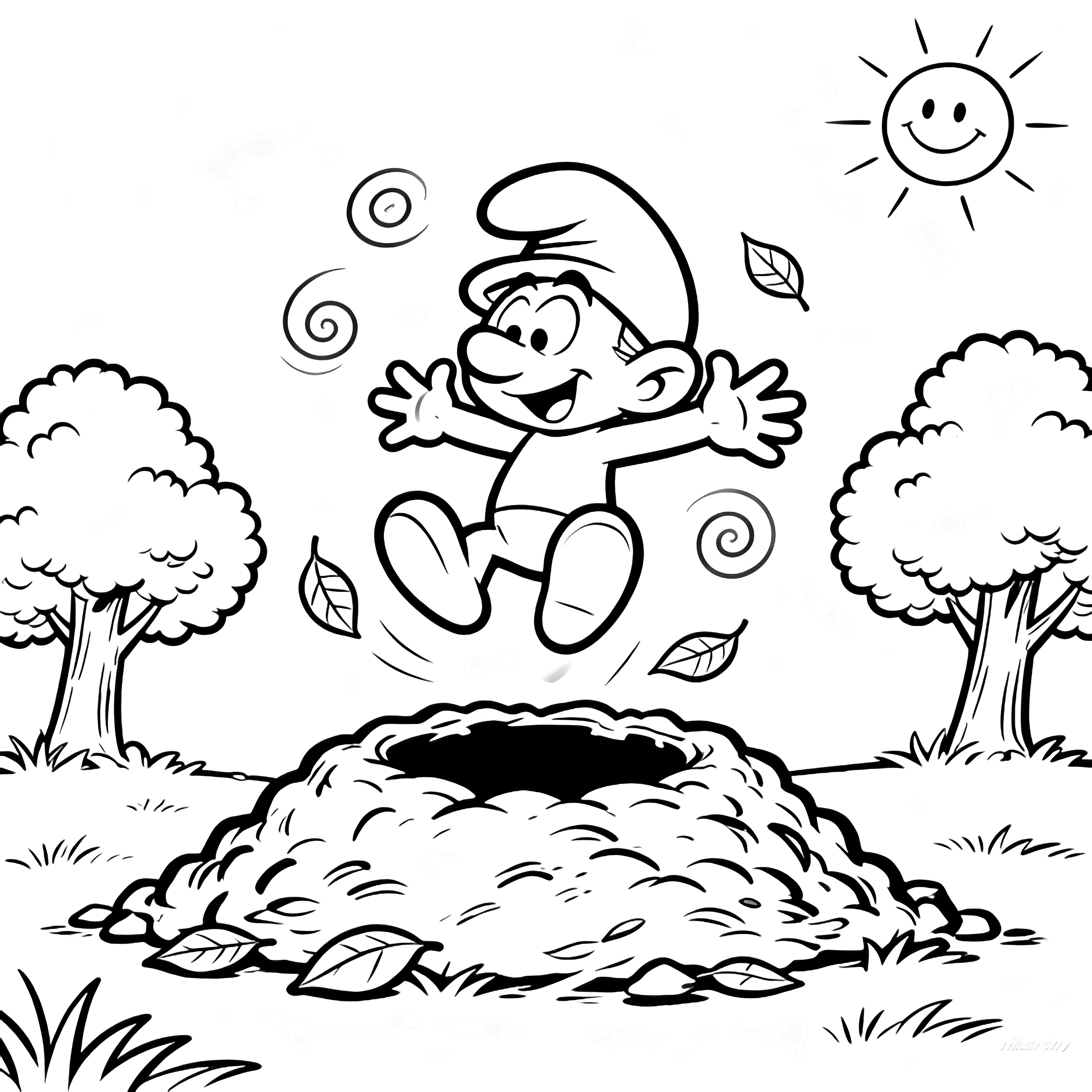 Smurf mid-tumble above an open pile, arms wide, leaves swirling; two fluffy trees and a smiling sun behind. kleurplaat