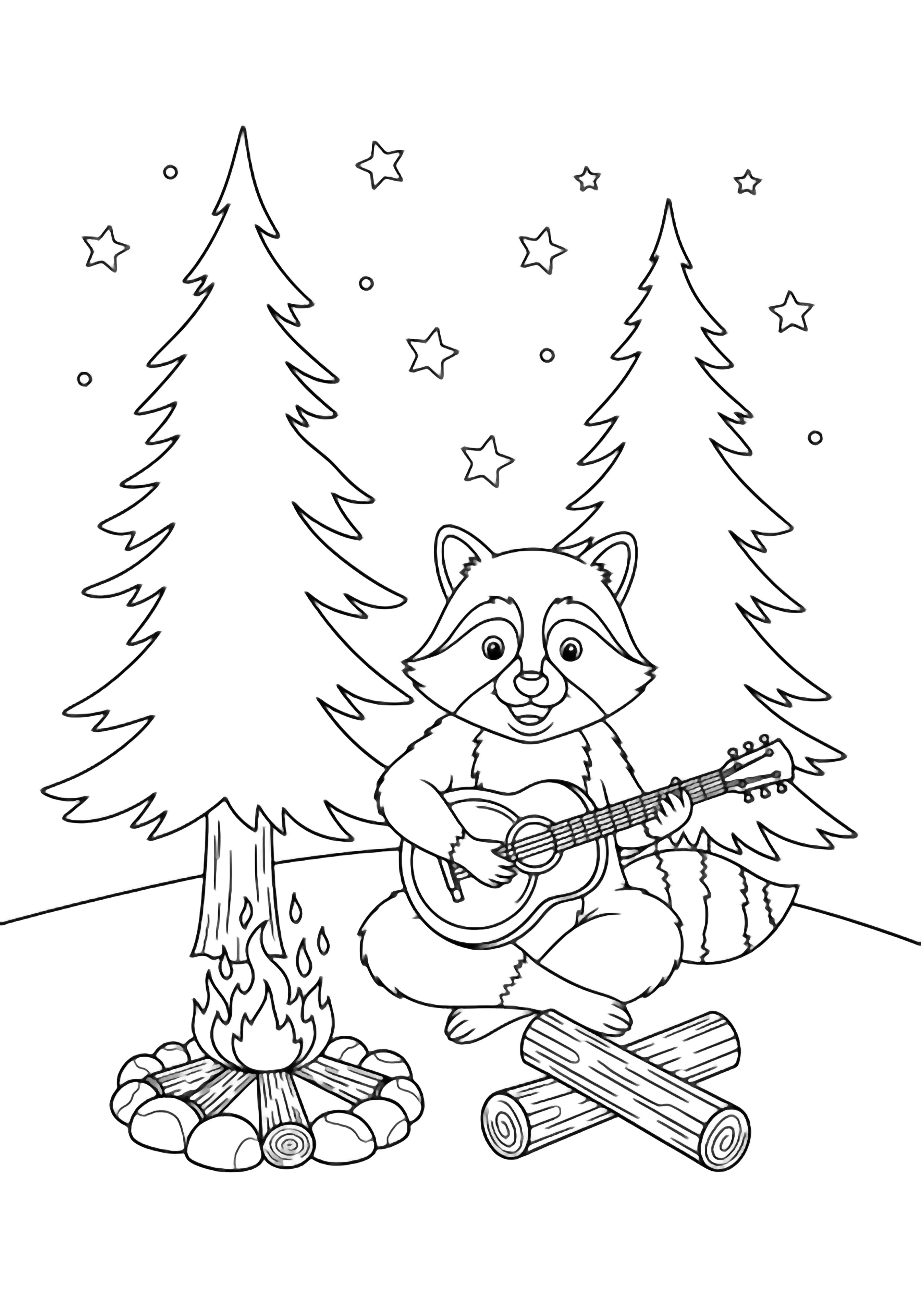 Smiling raccoon sits cross-legged strumming a round acoustic guitar beside a campfire; crossed logs, tall pines, and stars overhead. kleurplaat