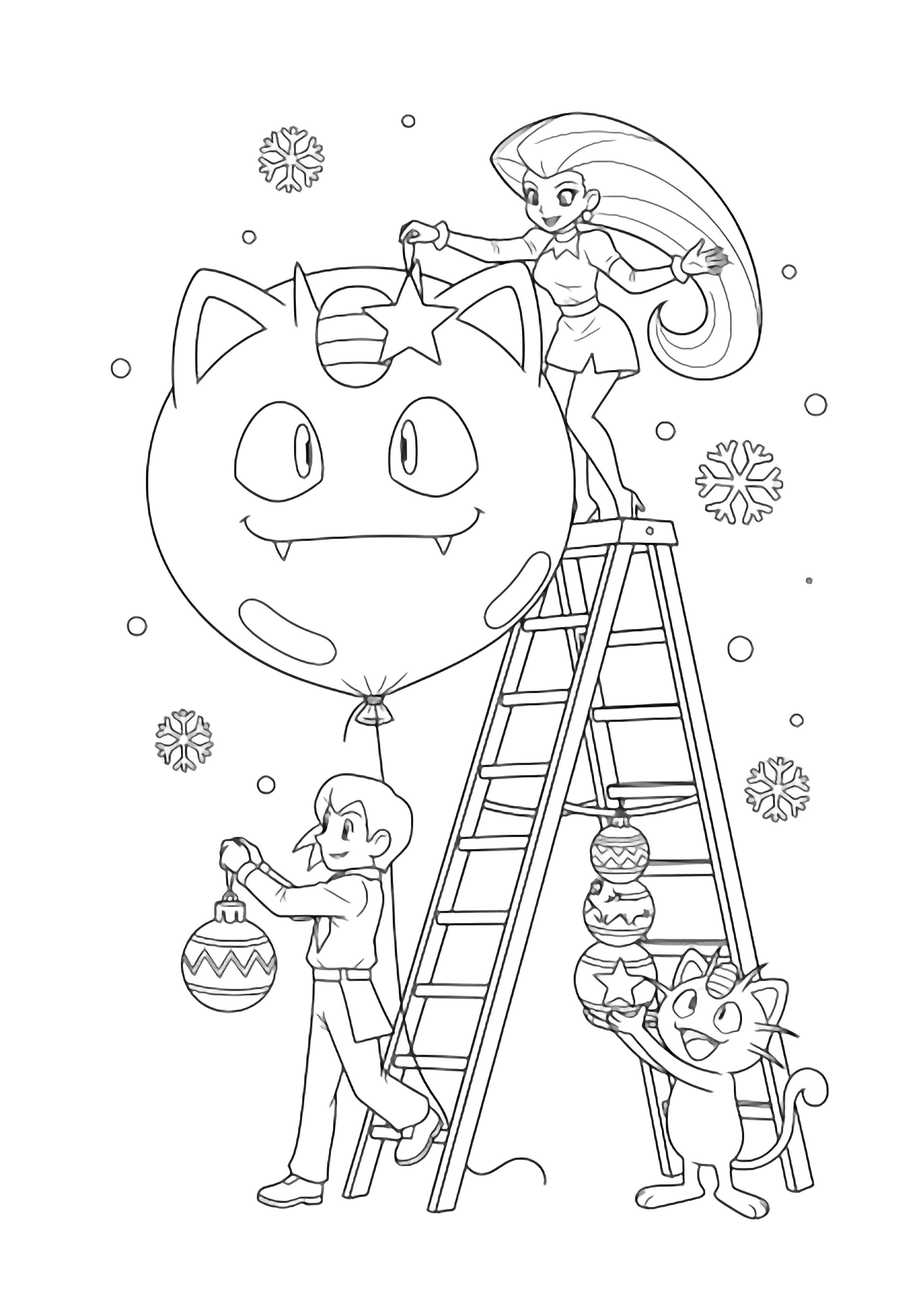 Jessie and James on a stepladder hang ornaments on a giant Meowth balloon; Meowth hands up more decorations while snowflakes drift around. kleurplaat